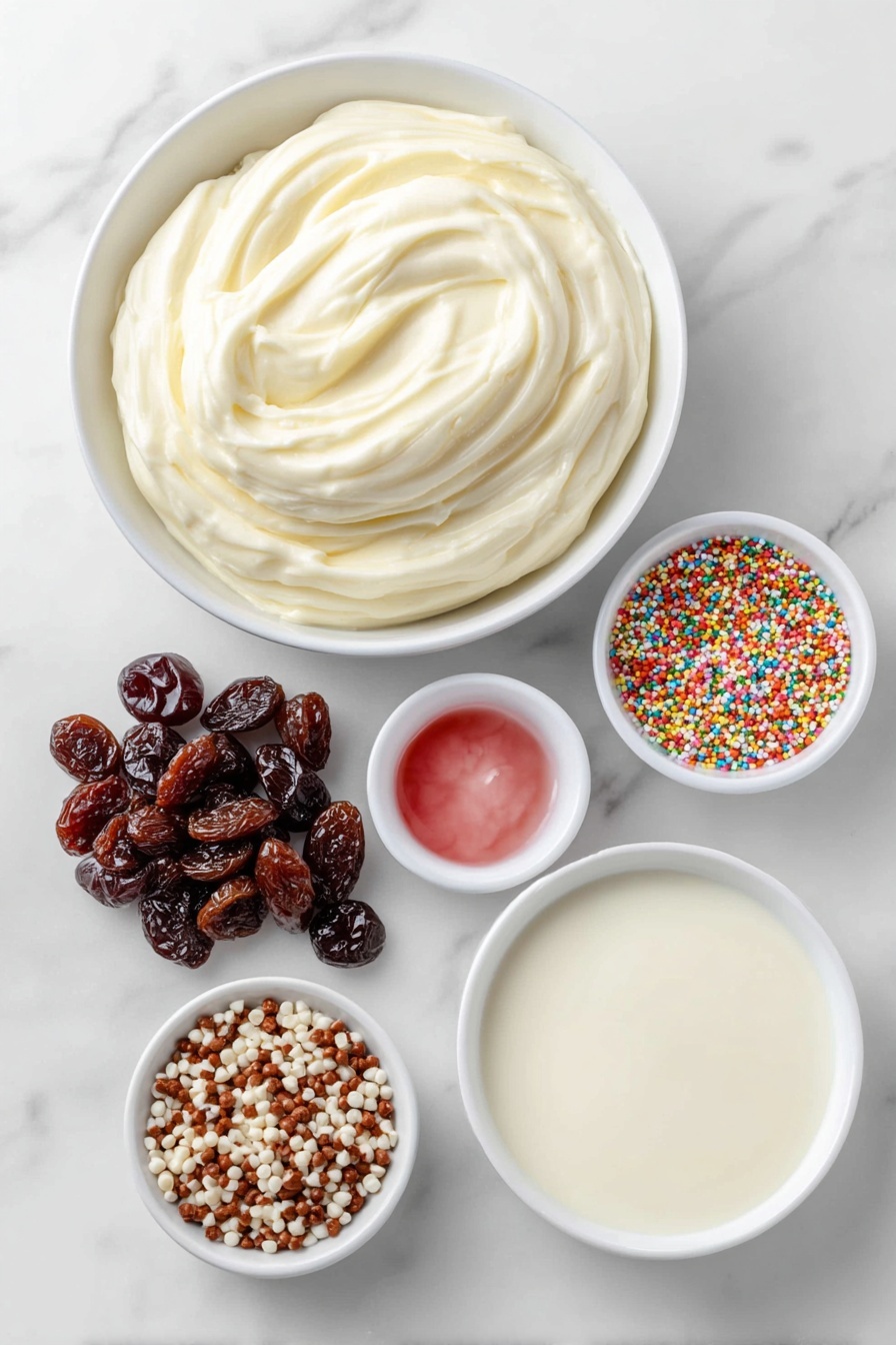 Flat lay of a simple white ceramic bowl filled with smooth white chocolate melting wafers, a small white bowl holding thick sweetened condensed milk, a tiny white bowl containing a few drops of vibrant pink gel food coloring, a handful of glossy dried cherries, and a small pile of colorful sprinkles, all arranged with perfect symmetry and balanced proportions, placed on a clean white marble surface, soft natural light, photo taken with an iPhone, professional food photography style, fresh ingredients, white ceramic bowls, no bottles, no duplicates, no utensils, no packaging --ar 2:3 --v 7 --p m7354615311229779997 - Pink White Chocolate Fudge, pink white chocolate fudge recipe, easy white chocolate fudge, homemade pink fudge, festive sweet treats