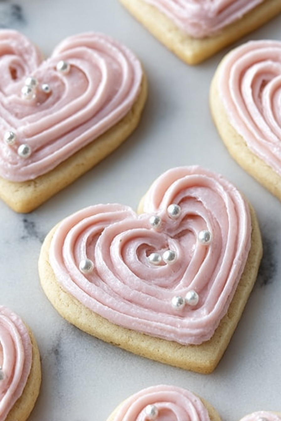 The image shows several heart-shaped cookies on a white marbled surface. Each cookie has one main layer of pale yellow dough topped with a thick layer of pale pink frosting. The frosting is piped in smooth, rounded swirls following the heart shape, creating a soft texture. Small white and silver edible pearls are scattered across the frosting, adding decorative spots. The cookies are arranged close to each other, filling the frame. photo taken with an iphone --ar 2:3 --v 7 - Soft Sour Cream Sugar Cookies with Cream Cheese Frosting, sour cream sugar cookies, cream cheese frosting cookies, tender sugar cookies, easy holiday cookies