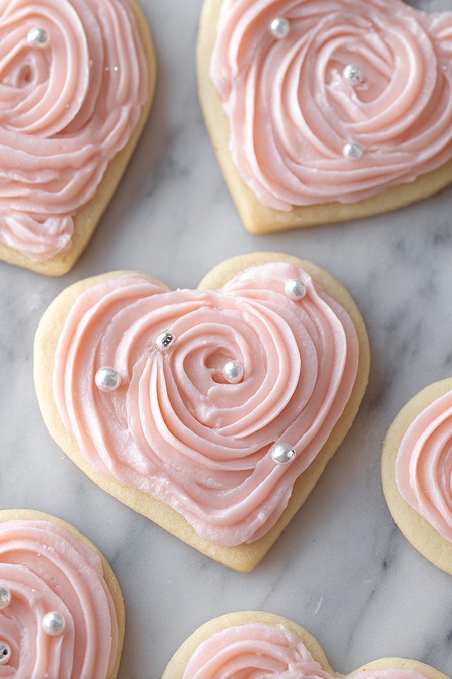 The image shows heart-shaped cookies topped with light pink frosting arranged on a white marbled surface. Each cookie has one thick base layer of golden-baked dough with a smooth texture, and the frosting is piped in tight, even swirls that follow the heart shape, creating a raised, soft layer. Small shiny white and silver pearl sprinkles are scattered on top of and around the frosting, adding a delicate touch of decoration. The cookies have soft edges, and the frosting looks creamy and smooth. Photo taken with an iphone --ar 2:3 --v 7 - Soft Sour Cream Sugar Cookies with Cream Cheese Frosting, sour cream sugar cookies, cream cheese frosting cookies, tender sugar cookies, easy holiday cookies