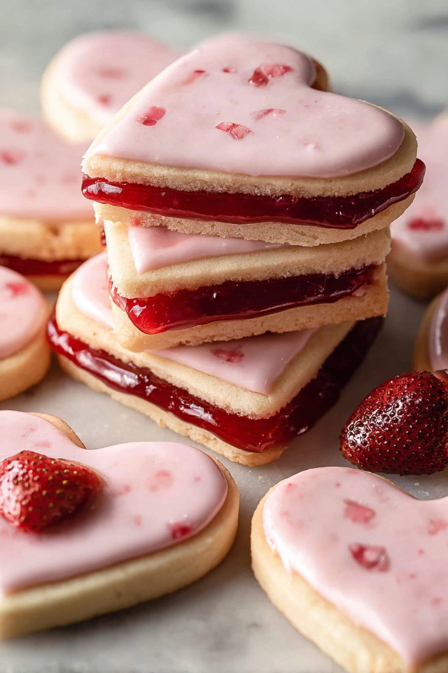 The image shows a set of heart-shaped cookies with two visible layers: a golden brown cookie base and a smooth, light pink icing layer on top, speckled with small red bits, some with a small dried strawberry piece as decoration. The cookies are placed on a white marbled surface with a few fresh strawberries scattered around, adding a bright red contrast. Some cookie crumbs and small smears of red jam or icing are casually spread around, giving a natural and inviting look. Photo taken with an iphone --ar 2:3 --v 7 - Strawberry Heart Shortbread Cookies, Valentine shortbread cookies, homemade shortbread cookies, strawberry glaze cookies, gift-worthy shortbread treats