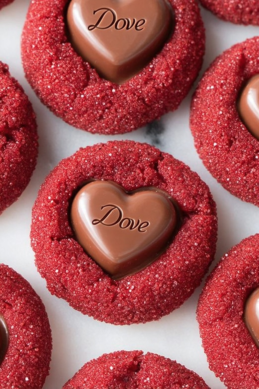 The image shows a cooling rack full of two-layer heart-shaped treats arranged in neat rows. The bottom layer is dark red with a soft, crumbly texture, while the top layer is a smaller, light brown, smooth heart placed in the center of each red base. Some of the red bases have small white sprinkles around the edges, adding extra texture and contrast. The cooling rack rests on a white marbled surface, and the photo looks bright and clear. photo taken with an iphone --ar 2:3 --v 7 - Red Velvet Chocolate Blossom Cookies, Valentine’s Day cookies, chocolate-filled cookies, soft red velvet cookies, easy cookie recipes