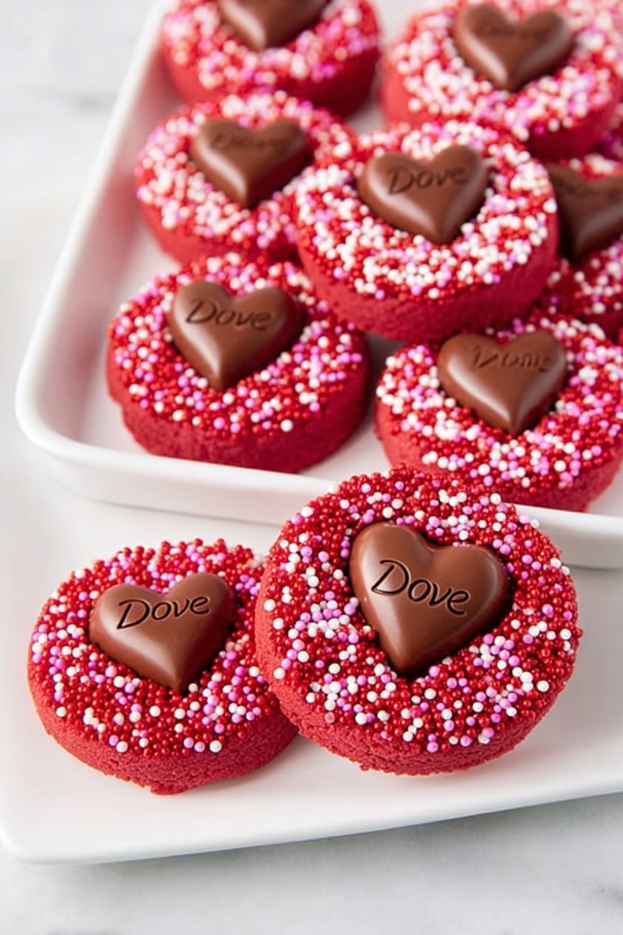 The image shows two white trays on a white marbled surface, each filled with round red cookies covered in tiny red, white, and pink round sprinkles. Each cookie has a smooth, shiny milk chocolate heart placed in the center, with the word 