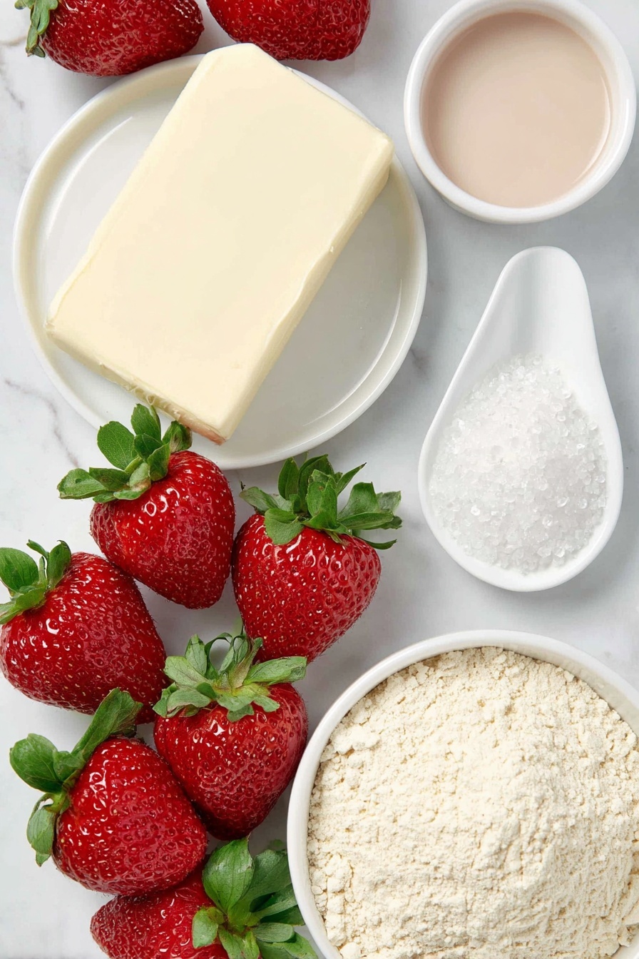 Flat lay of fresh whole strawberries with vibrant red color and green leaves, a small white ceramic bowl filled with granulated sugar crystals, a smooth slab of creamy vegan butter at room temperature on a white ceramic plate, a small white bowl with pale pink liquid food coloring, a neat mound of all-purpose plain flour on a simple white ceramic dish, a small white bowl containing light beige baking soda powder, and a tiny pinch of fine sea salt grains arranged precisely on a white ceramic spoon-shaped dish, all ingredients fresh and natural, balanced symmetrically, placed on a clean white marble surface, soft natural light, photo taken with an iPhone, professional food photography style, fresh ingredients, white ceramic bowls, no bottles, no duplicates, no utensils, no packaging --ar 2:3 --v 7 --p m7354615311229779997 - Vegan Strawberry Sugar Cookies, vegan strawberry cookies, plant-based strawberry cookies, healthy strawberry sugar cookies, pink strawberry cookies