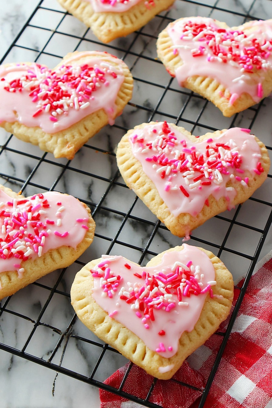 The image shows three heart-shaped pastries, two of them on a wooden board and one on a black cooling rack. The two on the board have a light golden crust, topped with a smooth layer of light pink icing and sprinkled with red and pink oblong sprinkles evenly spread. The third pastry on the rack has no icing or sprinkles and has a golden brown crust with small fork marks around the edges and fork pierced holes on top. A white bowl filled with red and pink sprinkles is placed on the white marbled surface along with a clear glass bowl of pink icing nearby. The scene has a clean, bright look with all items placed on a white marbled background. photo taken with an iphone --ar 2:3 --v 7 - Homemade Strawberry Pop Tarts, homemade pop tart recipe, strawberry pastry, easy breakfast treats, flaky homemade pop tarts