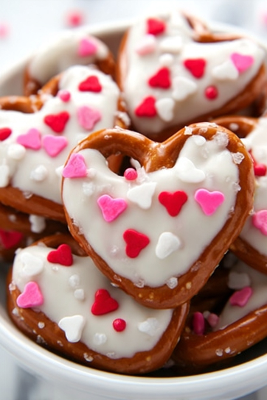 A close-up view of pretzels shaped like hearts, each topped with smooth white coating and decorated with small pink, red, and white heart-shaped sprinkles. The pretzels are arranged tightly in a white bowl, showing their shiny brown texture and white salt crystals. The white coating contrasts nicely with the brown pretzels and adds a creamy look. The background has a white marbled texture. photo taken with an iphone --ar 2:3 --v 7 - White Chocolate Pretzel Hearts, easy pretzel chocolate treats, salty sweet Valentine snacks, no-bake pretzel candies, festive chocolate pretzels