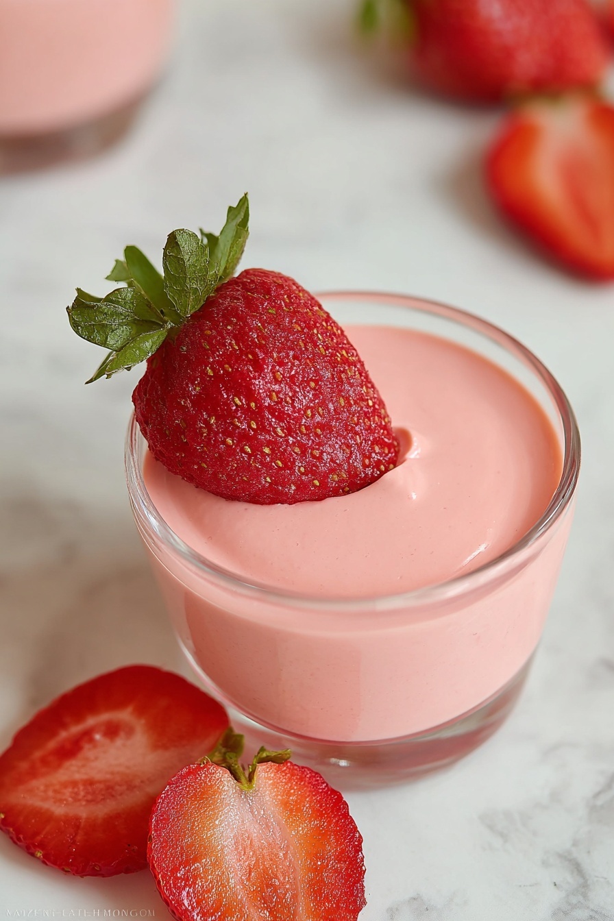 A clear glass cup holds a smooth, creamy pink layer of strawberry mousse, topped with a whole fresh red strawberry with green leaves. Around the cup, slices of bright red strawberry are placed on a white marbled surface. The mousse layer is even and thick, filling the cup almost to the top. Photo taken with an iphone --ar 2:3 --v 7 - Greek Yogurt Strawberry Jello, strawberry gelatin dessert with Greek yogurt, healthy strawberry Jello recipe, refreshing strawberry gelatin treat, easy strawberry dessert ideas