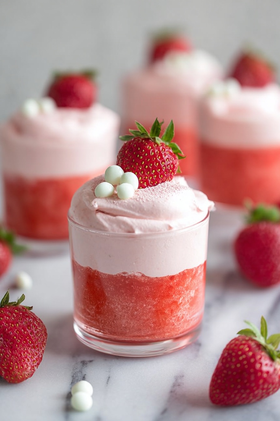The image shows four clear glass cups filled with two layers of a strawberry dessert. The bottom layer is a bright red, smooth strawberry puree, and the top layer is a light pink, fluffy mousse that looks creamy and soft. Each cup is decorated on top with a fresh red strawberry and two or three small white meringue drops. The glasses sit on a white marbled surface with whole fresh strawberries scattered around and a small green leaf in the background. photo taken with an iphone --ar 2:3 --v 7 - Fresh Strawberry Mousse, strawberry mousse recipe, easy fruit mousse, healthy strawberry dessert, homemade berry mousse