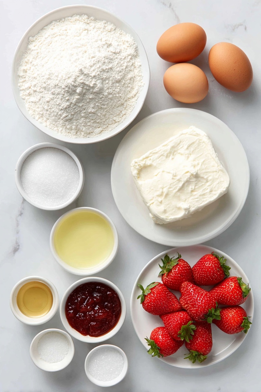 Flat lay of a small mound of finely sifted all-purpose flour, a white ceramic bowl with bright white baking powder powder, a pinch of crystalline salt beside it, four large brown eggs with clean shells, a small white ceramic bowl holding glossy granulated sugar crystals, a small bowl filled with clear pale yellow vegetable oil, a small white bowl of creamy buttermilk, a small bowl containing pale amber apple cider vinegar, a small white bowl of smooth light vanilla extract, a block of fresh cream cheese on a simple white plate, a fluffy mound of thawed Cool Whip in a white bowl, a small white bowl of fine powdered sugar, a small bowl of vibrant ruby red strawberry jam, a scattering of fresh bright red strawberries with green leafy tops placed on a simple white plate, all arranged symmetrically and balanced in realistic proportions placed on a clean white marble surface, soft natural light, photo taken with an iPhone, professional food photography style, fresh ingredients, white ceramic bowls, no bottles, no duplicates, no utensils, no packaging --ar 2:3 --v 7 --p m7354615311229779997 - Strawberry Cream Swiss Roll, Strawberry Swiss Roll, Cream Filled Swiss Roll, Fresh Strawberry Cake Roll, Elegant dessert with strawberries