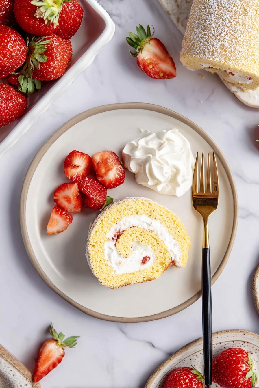 The image shows a white plate on a white marbled surface with a slice of light yellow rolled cake filled with white cream, placed near the bottom right side of the plate. On the top left of the plate, there is a small pile of whole and halved bright red strawberries with green leaves. Next to the strawberries on the left side of the plate, there is a dollop of white whipped cream. A gold fork with a black handle rests beside the cake slice on the left edge of the plate. More red strawberries are scattered on the white marbled surface around the plate, and a white rectangular dish filled with strawberries appears in the top left corner. Part of the rolled cake log is visible in the upper right corner of the image. A woman's hand holding the plate is not visible in this image. The whole scene is bright and fresh, with a clean and simple presentation. Photo taken with an iphone --ar 2:3 --v 7 - Strawberry Cream Swiss Roll, Strawberry Swiss Roll, Cream Filled Swiss Roll, Fresh Strawberry Cake Roll, Elegant dessert with strawberries