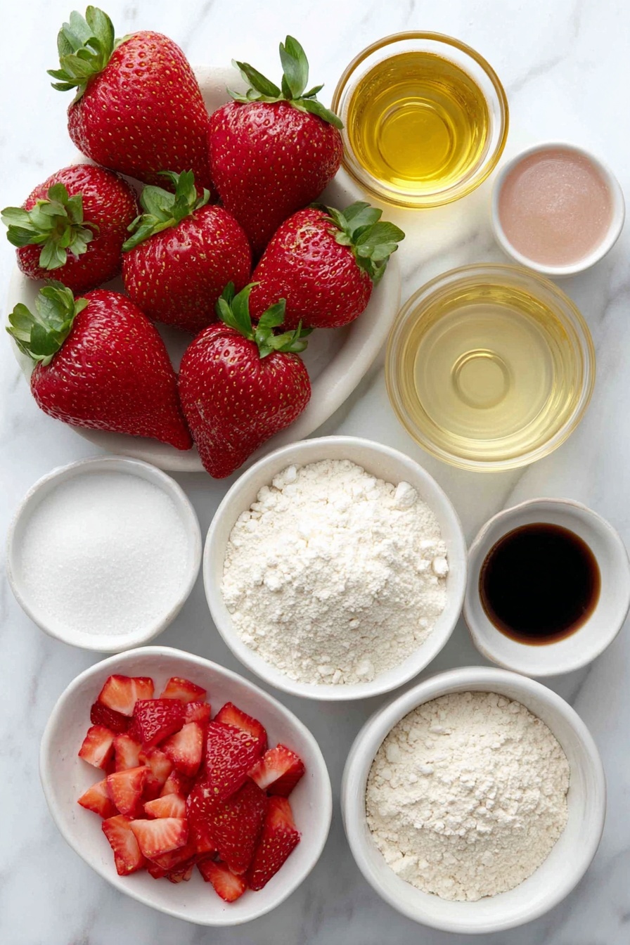 Flat lay of ripe whole strawberries with green leaves, a small white ceramic bowl of granulated sugar, a small white ceramic bowl of neutral flavored oil, a small white ceramic bowl of dairy-free milk, a small white ceramic bowl of apple cider vinegar, a small white ceramic bowl of vanilla extract, a small white ceramic bowl of pink food coloring, a small white ceramic bowl of all-purpose plain flour, a small white ceramic bowl of baking powder, a small white ceramic bowl of baking soda, a small white ceramic bowl with a pinch of salt, a small white ceramic bowl of chopped fresh strawberries placed on a clean white marble surface, soft natural light, photo taken with an iPhone, professional food photography style, fresh ingredients, white ceramic bowls, no bottles, no duplicates, no utensils, no packaging --ar 2:3 --v 7 --p m7354615311229779997 - Vegan Double Strawberry Muffins, vegan strawberry muffin recipe, plant-based strawberry muffins, healthy strawberry muffins, easy vegan muffin recipe