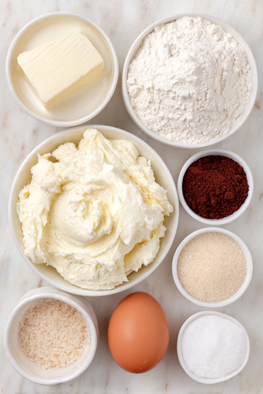 Flat lay of a small white ceramic bowl with smooth tangzhong paste, a small white ceramic bowl with whole milk and heavy cream mixed together, a small white ceramic bowl with white vinegar, a small white ceramic bowl filled with bread flour, a small white ceramic bowl with granulated sugar, a small white ceramic bowl with light brown sugar, a small white ceramic bowl with unsalted butter softened, a small white ceramic bowl with cocoa powder, a small white ceramic bowl with ground cinnamon, a small white ceramic bowl with instant yeast, a small white ceramic bowl with fine sea salt, a small white ceramic bowl with powdered sugar, a small white ceramic bowl with vanilla bean paste, a large uncracked brown egg, all ingredients fresh and natural, arranged with perfect symmetry on a clean white marble surface, soft natural light, photo taken with an iPhone, professional food photography style, fresh ingredients, white ceramic bowls, no bottles, no duplicates, no utensils, no packaging --ar 2:3 --v 7 --p m7354615311229779997 - Red Velvet Cinnamon Rolls with Cream Cheese Frosting, red velvet cinnamon rolls, cream cheese frosting cinnamon rolls, chocolate cinnamon roll recipe, decadent breakfast treats