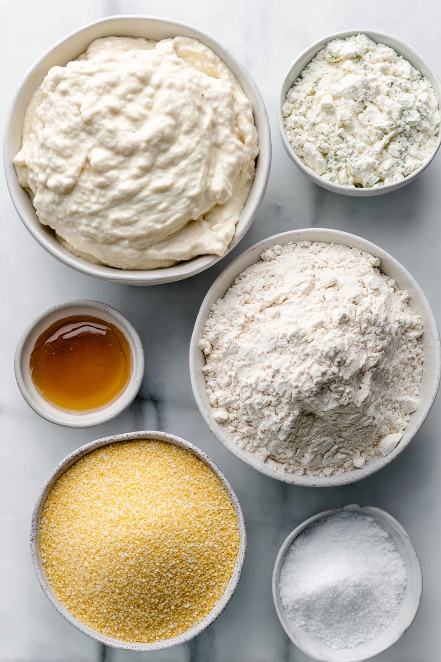 Flat lay of a medium white ceramic bowl filled with bubbly, natural sourdough starter, a small white ceramic bowl of golden honey, a medium white ceramic bowl of fresh whole milk, a small white ceramic bowl heaped with unbleached all-purpose flour, a small white ceramic bowl containing fine white baking soda powder, a small white ceramic bowl holding coarse sea salt crystals, a small white ceramic bowl of fine yellow cornmeal, placed on a clean white marble surface, soft natural light, photo taken with an iPhone, professional food photography style, fresh ingredients, white ceramic bowls, no bottles, no duplicates, no utensils, no packaging --ar 2:3 --v 7 --p m7354615311229779997 - Homemade Sourdough English Muffirs, sourdough english muffins, how to make english muffins at home, homemade breakfast bread with sourdough, artisan sourdough muffins