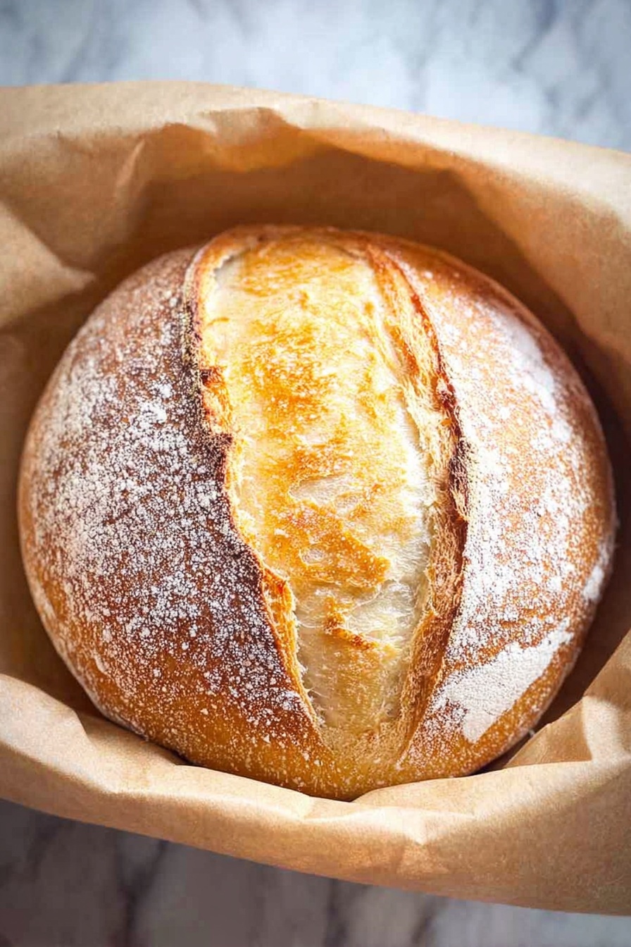 A round loaf of bread with a golden brown crust is resting in a white basket lined with light brown parchment paper. The loaf has a thick, crispy top layer with a central split showing a soft, white inside. The surface of the bread is dusted with a fine layer of white flour, adding a rustic look. The basket is placed on a white marbled surface, enhancing the warm colors of the bread. photo taken with an iphone --ar 2:3 --v 7 - No-Knead Sourdough Bread, easy sourdough bread, beginner sourdough bread recipe, crusty homemade bread, foolproof sourdough baking