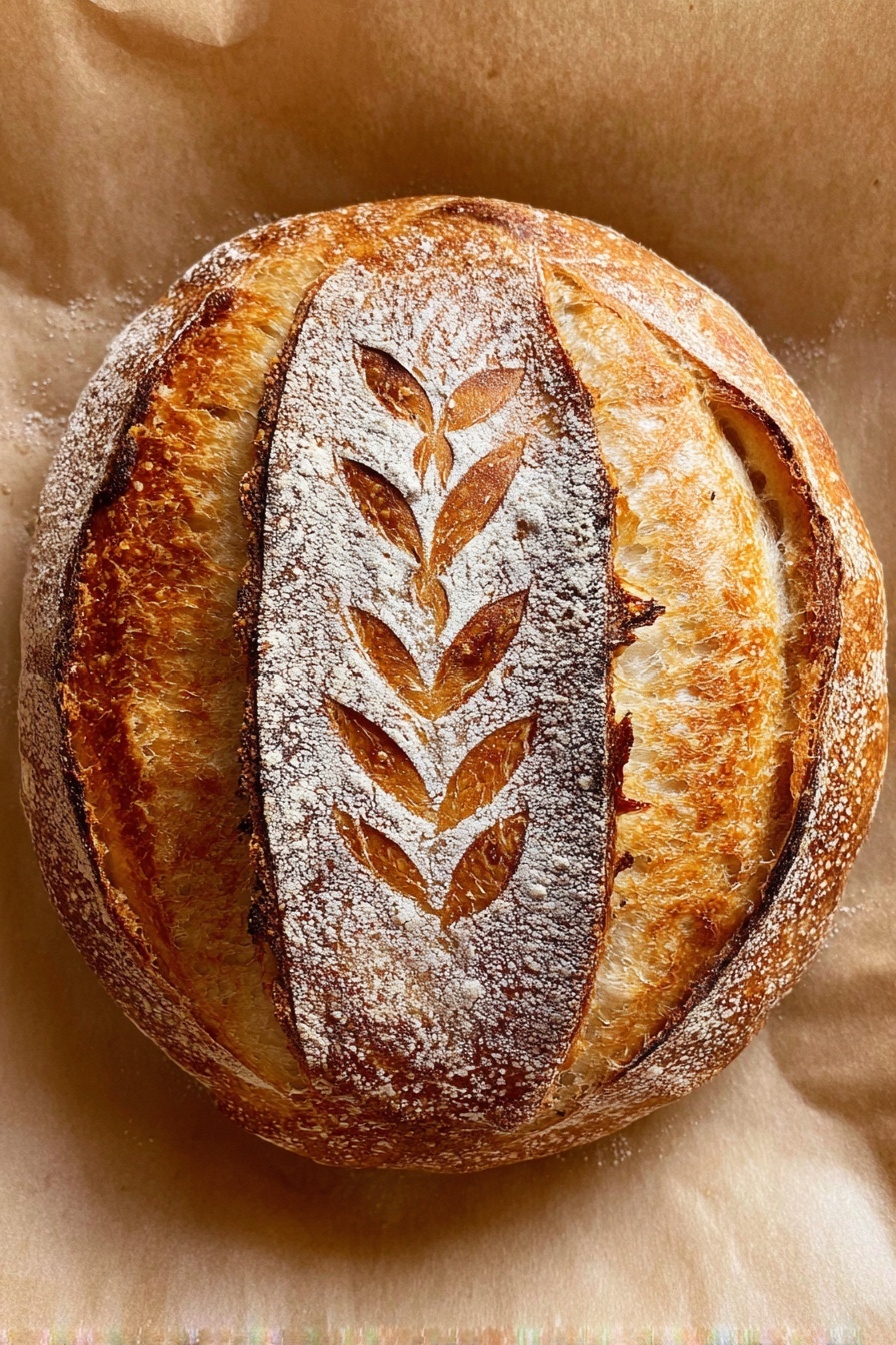 A round loaf of bread with a golden brown crust sits on crumpled beige parchment paper inside a white pot. The bread has two long oval cuts on top that show its light, airy inside. Around these cuts, small leaf patterns are scored into the crust, which is dusted with white flour, adding texture and detail. The surface of the bread is shiny and crisp with darker and lighter shades of brown, showing it is well baked. The background is a white marbled texture. photo taken with an iphone --ar 2:3 --v 7 - Overnight Sourdough Bread, homemade sourdough bread, easy sourdough recipe, crusty sourdough loaf, beginner sourdough baking