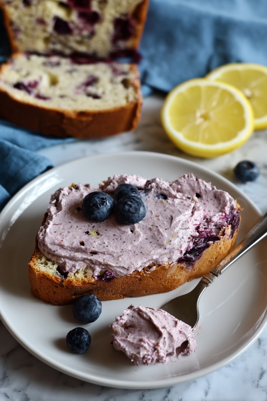 A single thick slice of light brown bread with visible blueberries baked inside lies flat on a white plate. A thick, creamy layer of pale purple spread with small dark berry bits covers the top of the bread slice. Three whole blueberries are placed on the plate around the bread. Above the plate, part of a loaf torn open, showing the same bread with embedded blueberries, rests on a blue cloth. Two thin yellow lemon slices sit in the background on a white marbled surface. A silver fork holds a bit of the purple spread near the bottom edge of the plate. Photo taken with an iphone --ar 2:3 --v 7 - Blueberry Lemon Sourdough Bread, blueberry lemon bread, sourdough bread with blueberries, lemon sourdough loaf, fruit-infused sourdough bread