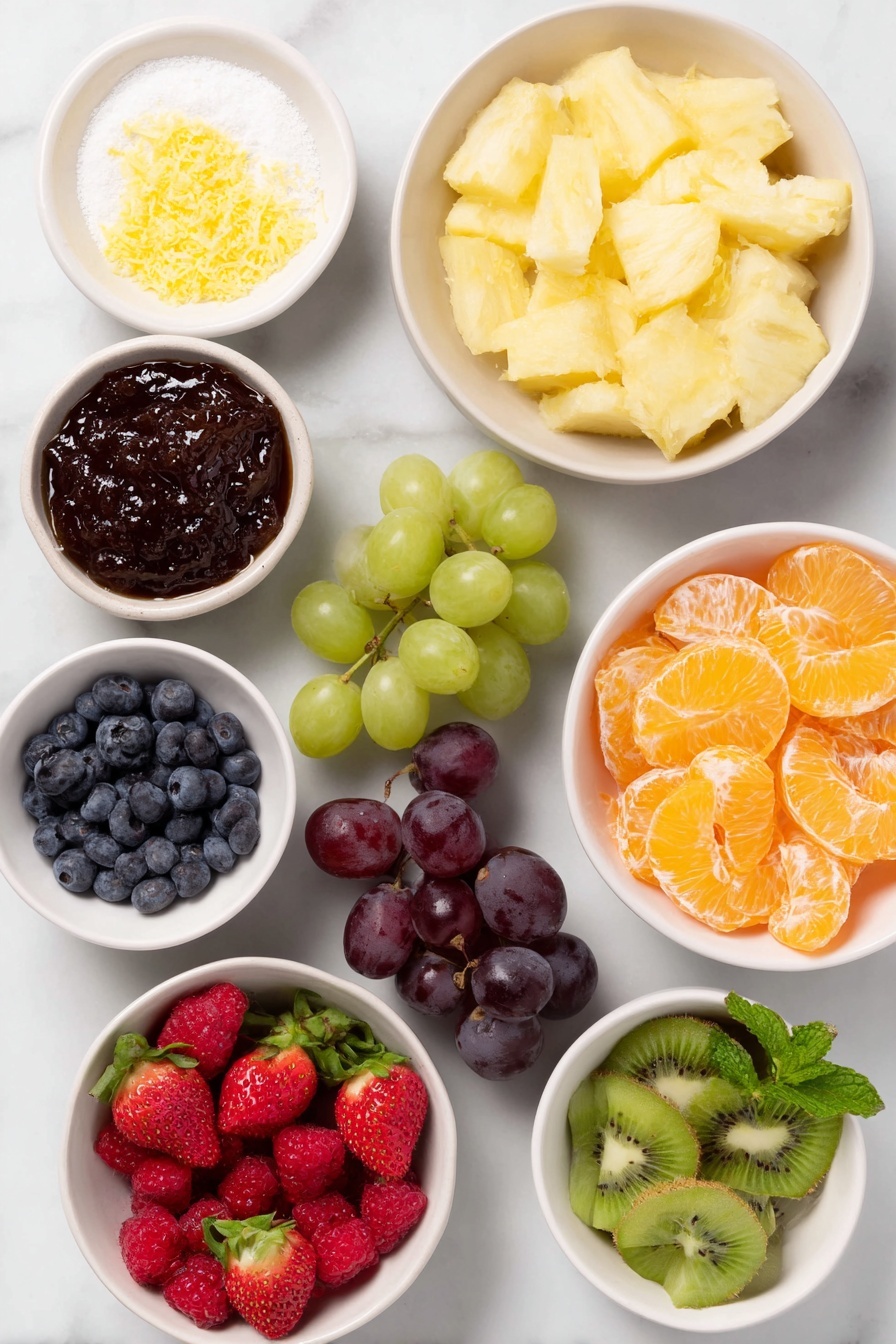 Flat lay of a small white ceramic bowl of glossy apricot preserves, a small white ceramic bowl of granulated sugar, a small white ceramic bowl with bright yellow lemon zest, a small white ceramic bowl of fresh lemon juice, a pile of freshly chopped golden pineapple chunks, a group of halved deep purple grapes, a group of halved vibrant green grapes, quartered ripe red strawberries with green tops removed, peeled and quartered bright green kiwi pieces, chunks of ripe orange mango flesh, a mound of plump blue blueberries, a handful of bright red raspberries, neatly drained mandarin orange segments arranged in a small white ceramic bowl, and a few sprigs of fresh green mint leaves, placed on a clean white marble surface, soft natural light, photo taken with an iPhone, professional food photography style, fresh ingredients, white ceramic bowls, no bottles, no duplicates, no utensils, no packaging --ar 2:3 --v 7 --p m7354615311229779997 - Delicious Fruit Salad with Lemon Glaze, fruit salad recipes, refreshing summer desserts, easy fruit salad ideas, citrus fruit salad