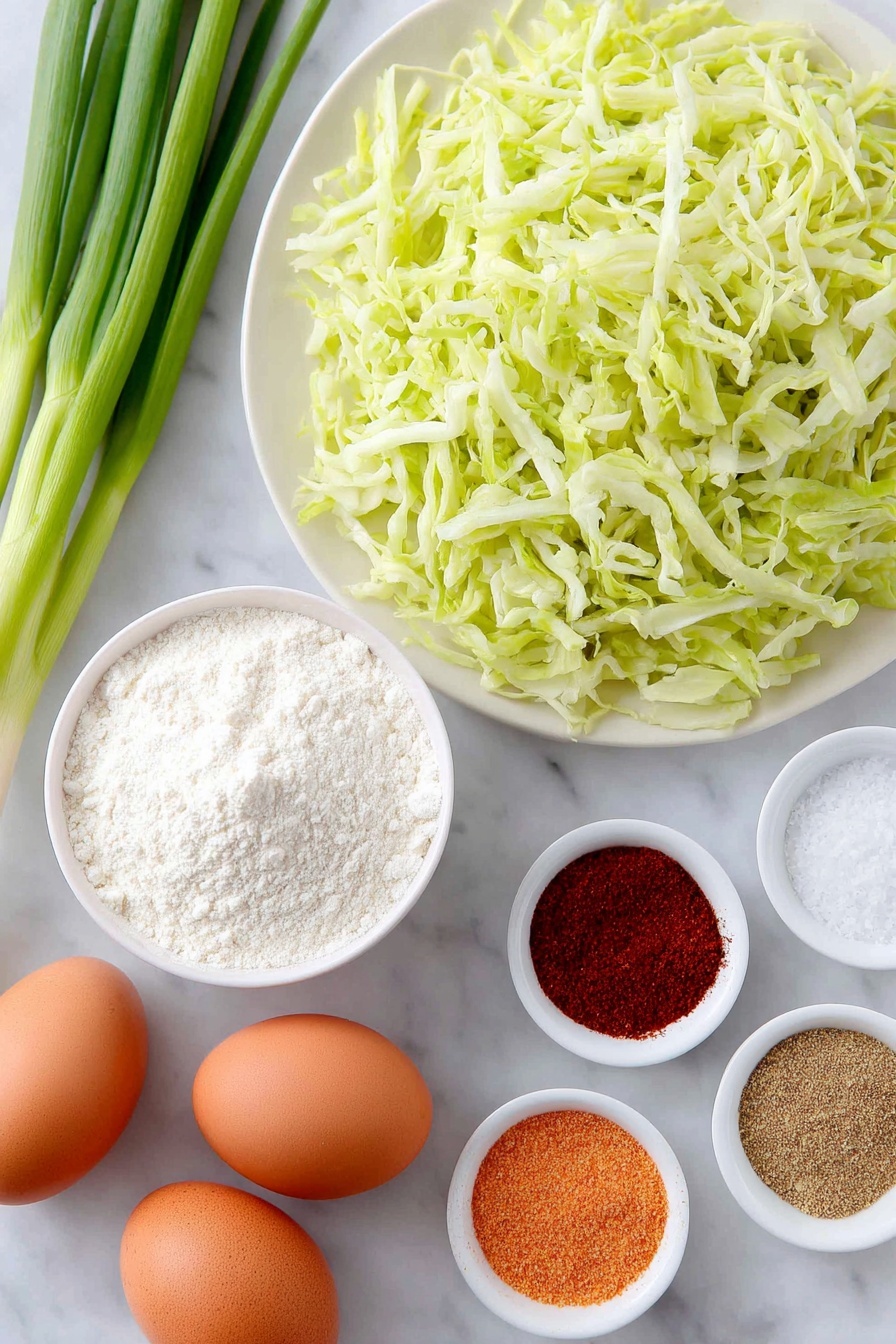 Flat lay of fresh shredded green cabbage piled loosely, two bright orange grated carrots arranged beside, three whole brown eggs with clean shells, two fresh scallions with vibrant green tops and white bulbs, two cloves of peeled garlic, a small white ceramic bowl filled with plain white flour, a separate small white bowl holding coarse sea salt crystals, another small white bowl containing ground black pepper, a third small white bowl with deep red paprika powder, and a fourth small white bowl with light brown ground coriander, all ingredients placed symmetrically on a simple white ceramic plate and bowls, placed on a clean white marble surface, soft natural light, photo taken with an iPhone, professional food photography style, fresh ingredients, white ceramic bowls, no bottles, no duplicates, no utensils, no packaging --ar 2:3 --v 7 --p m7354615311229779997 - Cabbage Fritters, veggie fritters, crispy cabbage pancakes, healthy cabbage snacks, easy fritter recipes