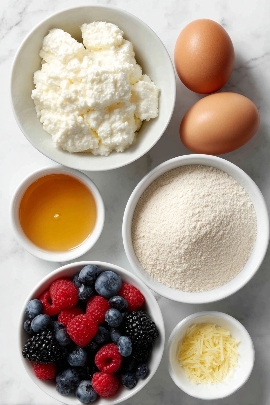 Flat lay of a small mound of full-fat cottage cheese with a creamy texture, three large whole brown eggs with clean shells, a neat pile of light tan almond flour, a small white ceramic bowl filled with golden honey, a small white bowl with clear vanilla extract, a small heap of bright yellow lemon zest strands, a tiny white bowl holding fine white baking powder, and a simple white ceramic bowl brimming with fresh mixed berries including blueberries, raspberries, and blackberries, all arranged in perfect symmetry on a clean white marble surface, soft natural light, photo taken with an iPhone, professional food photography style, fresh ingredients, white ceramic bowls, no bottles, no duplicates, no utensils, no packaging --ar 2:3 --v 7 --p m7354615311229779997 - High Protein Berry Bake, healthy berry bake, protein breakfast dish, low-carb berry dessert, high protein snack