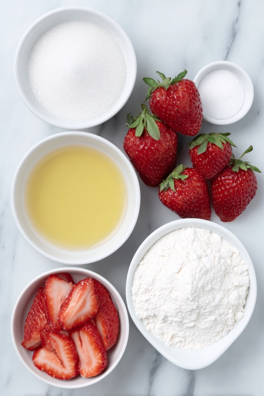 Flat lay of fresh ripe strawberries whole and sliced, a small white ceramic bowl of granulated sugar, a small white ceramic bowl with bright yellow lemon juice, a small white ceramic bowl of white quick-cooking tapioca pearls, a tiny pinch of salt in a small white ceramic dish, all ingredients arranged symmetrically with perfect balance, placed on a clean white marble surface, soft natural light, photo taken with an iPhone, professional food photography style, fresh ingredients, white ceramic bowls, no bottles, no duplicates, no utensils, no packaging --ar 2:3 --v 7 --p m7354615311229779997 - Homemade Strawberry Pie Filling, strawberry pie filling recipe, fresh strawberry pie filling, easy homemade pie filling, strawberry dessert filling