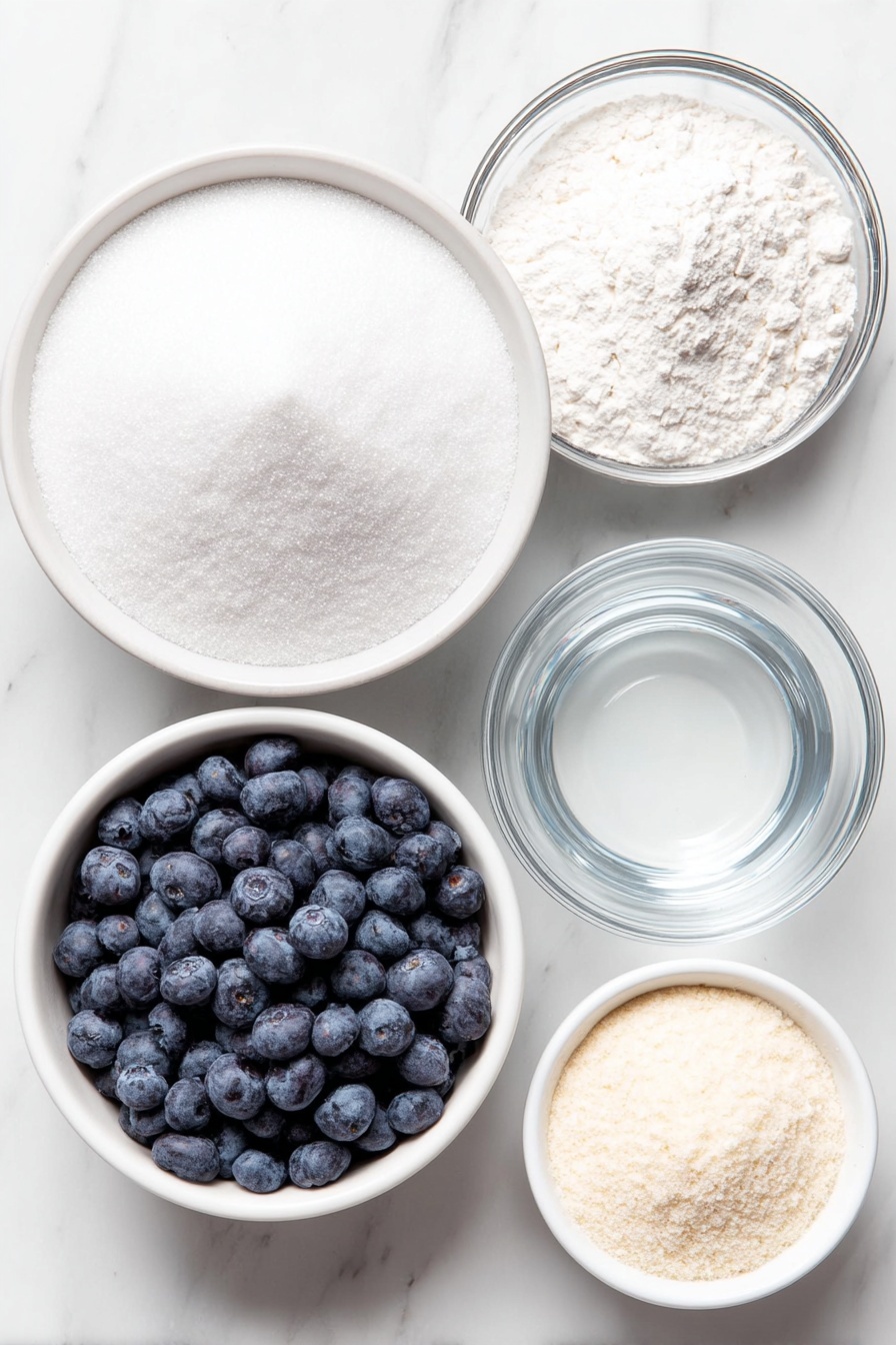 Flat lay of a small mound of fine white sugar, a heap of plump fresh blueberries, a small white ceramic bowl with smooth water, a few tablespoons of pale off-white corn starch in a white bowl, and a small white ceramic bowl filled with clear cold water placed in perfect symmetry, all ingredients fresh and natural, arranged on a clean white marble surface, soft natural light, photo taken with an iPhone, professional food photography style, fresh ingredients, white ceramic bowls, no bottles, no duplicates, no utensils, no packaging --ar 2:3 --v 7 --p m7354615311229779997 - Blueberry Syrup for Waffles and Pancakes, blueberry syrup recipe, homemade blueberry syrup, fruit topping for breakfast, easy blueberry syrup