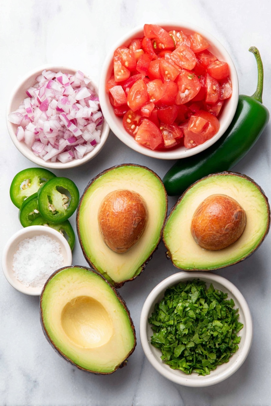 Flat lay of three ripe avocados halved showing creamy green flesh and pits, a small white ceramic bowl filled with finely chopped bright purple-red onion, a single fresh green jalapeno pepper sliced open to reveal seeds, two Roma tomatoes quartered and seeded with vibrant red diced flesh in a small white ceramic bowl, a small white bowl containing finely chopped fresh green cilantro leaves, a small white ceramic bowl with coarse white salt crystals, a small white bowl with freshly squeezed pale yellow lime juice, all arranged with perfect symmetry on a clean white marble surface, soft natural light, photo taken with an iPhone, professional food photography style, fresh ingredients, white ceramic bowls, no bottles, no duplicates, no utensils, no packaging --ar 2:3 --v 7 --p m7354615311229779997 - Classic Guacamole, guacamole recipe, easy guacamole, homemade guacamole, healthy snack ideas