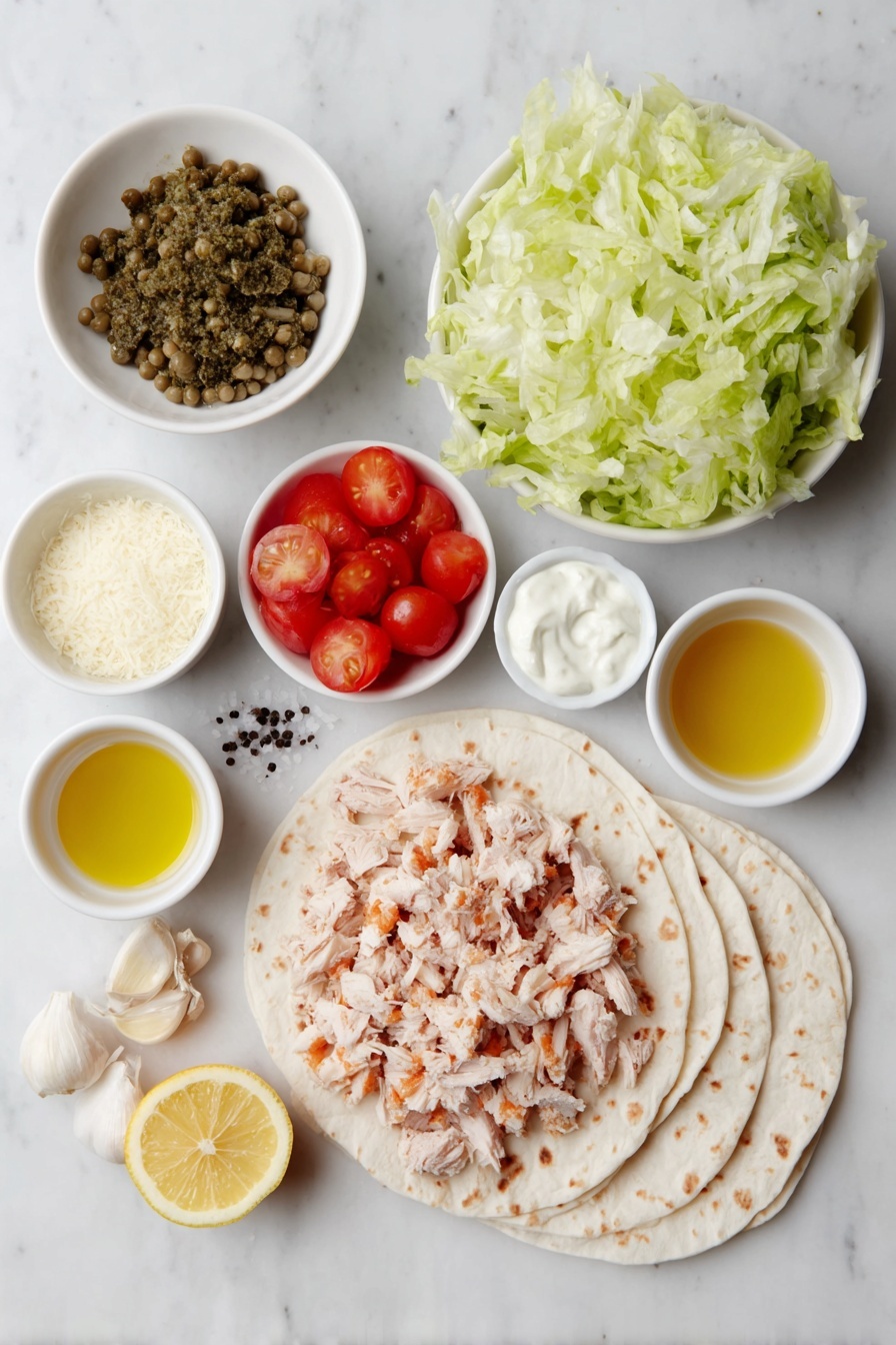 Flat lay of cooked shredded chicken pieces, a small white bowl of green spinach walnut pesto, a small white bowl of grated parmesan cheese, four plain white flour wraps stacked neatly, shredded fresh romaine lettuce piled in a simple white ceramic bowl, sliced bright red cherry tomatoes in a white bowl, a small white bowl of creamy caesar dressing, two whole garlic bulbs, a few whole fresh capers with brine in a white bowl, a small white bowl of golden olive oil, a small white bowl of fresh lemon juice, a small white bowl of smooth mayo, a small white bowl of dijon mustard, a small white bowl of Worcestershire sauce, white and black cracked peppercorns scattered artistically, sea salt crystals arranged symmetrically, all placed on a clean white marble surface, soft natural light, photo taken with an iPhone, professional food photography style, fresh ingredients, white ceramic bowls, no bottles, no duplicates, no utensils, no packaging --ar 2:3 --v 7 --p m7354615311229779997 - Chicken Pesto Wraps, chicken pesto wraps, easy chicken wraps, healthy lunch ideas, flavorful dinner wraps