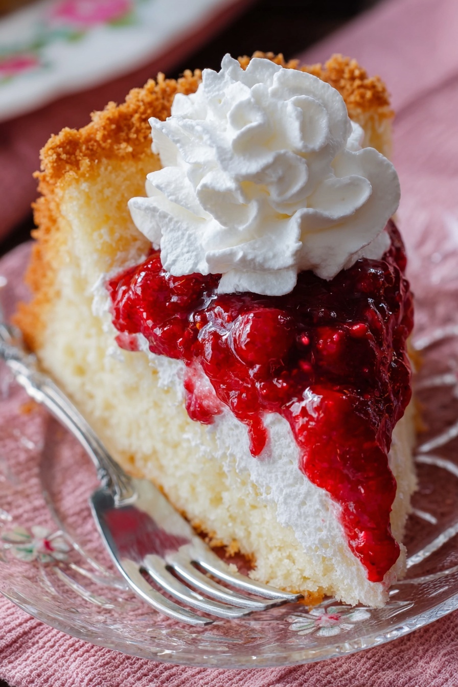 A slice of white cake with a rough golden brown crust on the edges is topped with a layer of bright red raspberry sauce with visible berry chunks, followed by a swirl of white whipped cream on top. The slice rests on a clear glass plate with floral patterns, placed on a pink textured cloth, with a silver fork next to it. photo taken with an iphone --ar 2:3 --v 7 - Easy Raspberry Sauce, raspberry sauce ideas, simple fruit topping, homemade raspberry topping, versatile raspberry sauce