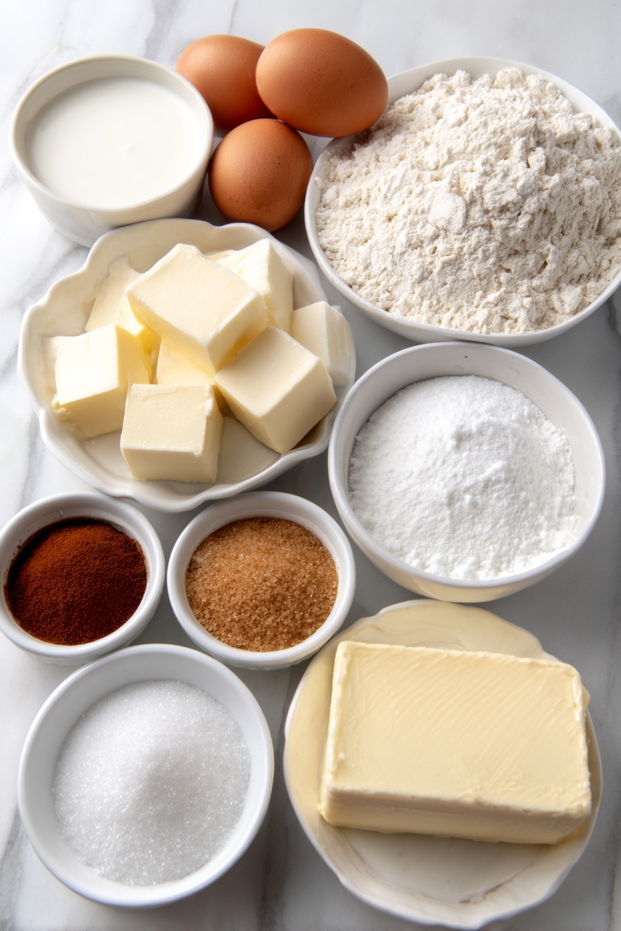 Flat lay of a small white ceramic bowl of warm milk beside a small white ceramic bowl of salted butter cubes, two whole uncracked brown eggs, a simple white ceramic bowl with granulated sugar, a small white ceramic bowl holding light brown active dry yeast granules, a small white ceramic bowl filled with warm water, a small white ceramic bowl containing smooth vanilla extract, a pile of fresh all-purpose flour heaped neatly on the side, a small white ceramic bowl of brown sugar, a small white ceramic bowl of ground cinnamon, a small white ceramic bowl with powdered sugar, a block of fresh cream cheese next to a small white ceramic bowl of melted salted butter, a small white ceramic bowl of lemon juice, all ingredients natural and fresh, placed symmetrically on a clean white marble surface, soft natural light, photo taken with an iPhone, professional food photography style, fresh ingredients, white ceramic bowls, no bottles, no duplicates, no utensils, no packaging --ar 2:3 --v 7 --p m7354615311229779997 - Mardi Gras King Cake, Mardi Gras King Cake recipe, Carnival king cake, traditional king cake, festive Mardi Gras dessert