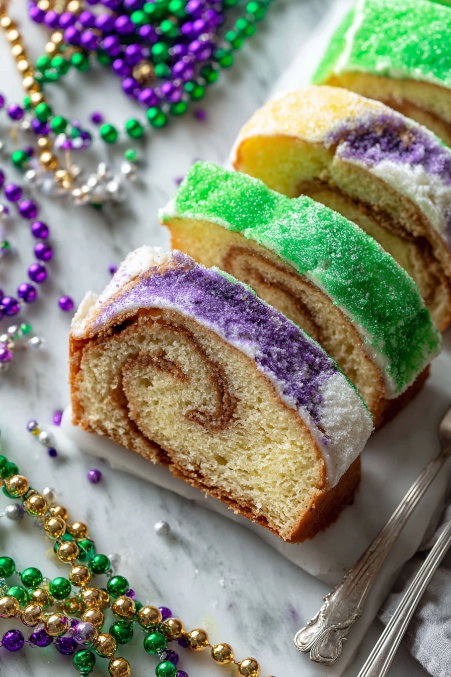 The image shows three slices of a cake with three layers on a white marbled surface. The top layer is bright green with a rough sugary texture, the middle layer is white with light yellow bread inside, and the bottom layer has purple and green sugary powder on white frosting. The inside of the bottom slice reveals soft light brown swirls in the bread. Surrounding the cake slices are strands of shiny beads in green, purple, and gold colors. A silver knife and a fork are placed near the cake slices. photo taken with an iphone --ar 2:3 --v 7 - Mardi Gras King Cake, Mardi Gras King Cake recipe, Carnival king cake, traditional king cake, festive Mardi Gras dessert