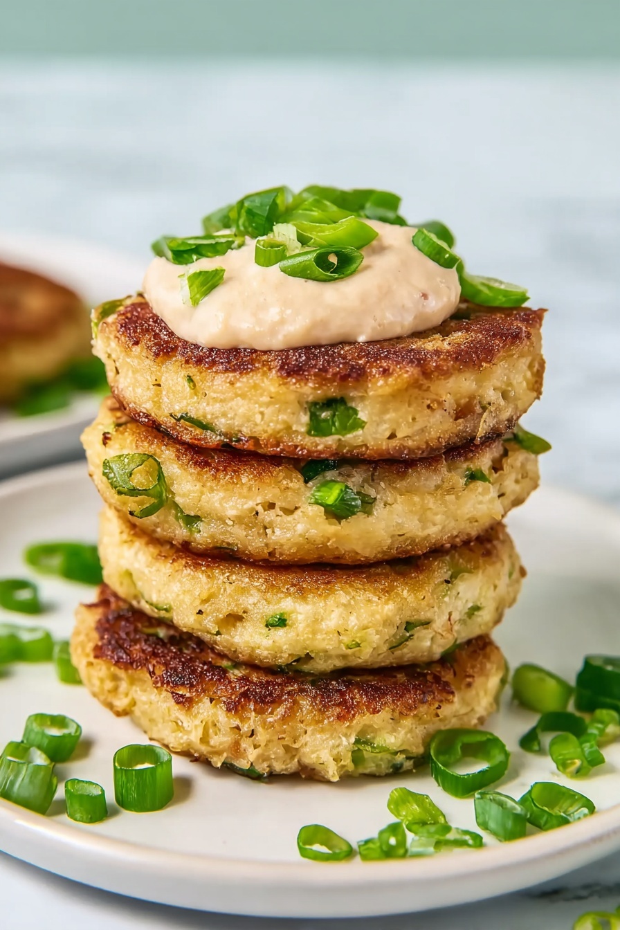 The image shows a white plate filled with twelve golden brown pancakes arranged in overlapping layers. The pancakes are round and have a slightly crispy texture with small green scallion slices scattered on top. To the top right of the plate, there is a small white bowl filled with creamy, light beige sauce. The plate and bowl are placed on a white marbled surface. Photo taken with an iphone --ar 2:3 --v 7 - Irish Potato Pancakes, Irish Potato Pancakes Recipe, homemade Irish potato pancakes, traditional Irish potato cakes, crispy potato pancakes