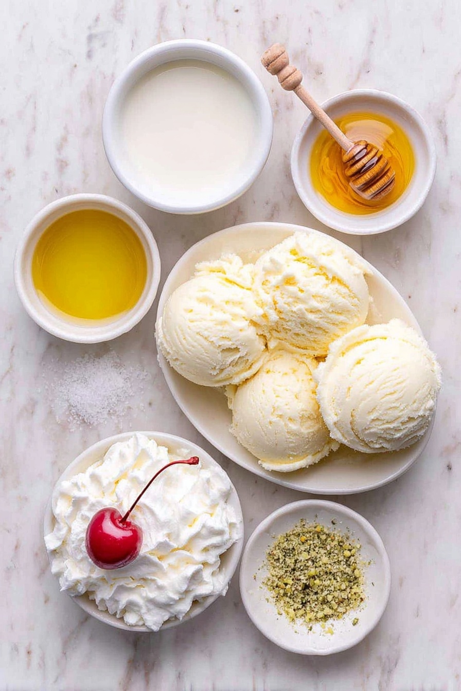Flat lay of four scoops of creamy vanilla ice cream, a small white bowl of smooth milk, a tiny white bowl holding clear peppermint extract, a few drops of vivid green liquid food coloring in a small white bowl, a dollop of fluffy whipped cream on a simple white ceramic plate, one bright red cherry with a green stem on a white plate, a small white plate with golden honey, and another small white plate sprinkled with fine green sanding sugar, all arranged in perfect symmetry, placed on a clean white marble surface, soft natural light, photo taken with an iPhone, professional food photography style, fresh ingredients, white ceramic bowls, no bottles, no duplicates, no utensils, no packaging --ar 2:3 --v 7 --p m7354615311229779997 - Copycat Shamrock Mint Shake, Mint Shake Recipe, Green Mint Shake, Homemade Shamrock Shake, Fast Food Copycat Recipes