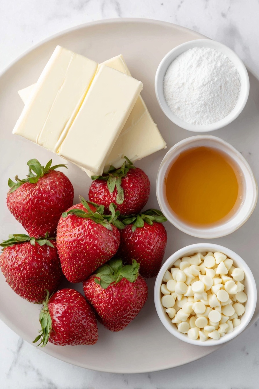 Flat lay of a small pile of fresh whole strawberries with green leaves, a handful of glossy white chocolate chips scattered beside them, a square of creamy white cream cheese, a small white ceramic bowl filled with melted golden butter, another small white bowl holding fine white powdered sugar, a small white bowl containing clear vanilla extract, all arranged in perfect symmetry on a clean white ceramic plate, placed on a clean white marble surface, soft natural light, photo taken with an iPhone, professional food photography style, fresh ingredients, white ceramic bowls, no bottles, no duplicates, no utensils, no packaging --ar 2:3 --v 7 --p m7354615311229779997 - Strawberry Cheesecake Earthquake Cake, strawberry cheesecake dessert, easy strawberry cake with cheesecake, no-bake strawberry cheesecake recipe, indulgent strawberry cake