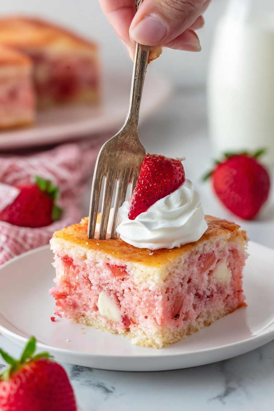 A square piece of pink strawberry cake with visible white chocolate pieces inside sits on a white plate on a white marbled surface. The cake has a soft and spongy texture with a golden brown top layer. On top, there is a swirl of white whipped cream and a small slice of fresh strawberry. A woman's hand holds a fork going into the cake's side. In the background, whole bright red strawberries and a glass of milk are slightly blurred. photo taken with an iphone --ar 2:3 --v 7 - Strawberry Cheesecake Earthquake Cake, strawberry cheesecake dessert, easy strawberry cake with cheesecake, no-bake strawberry cheesecake recipe, indulgent strawberry cake