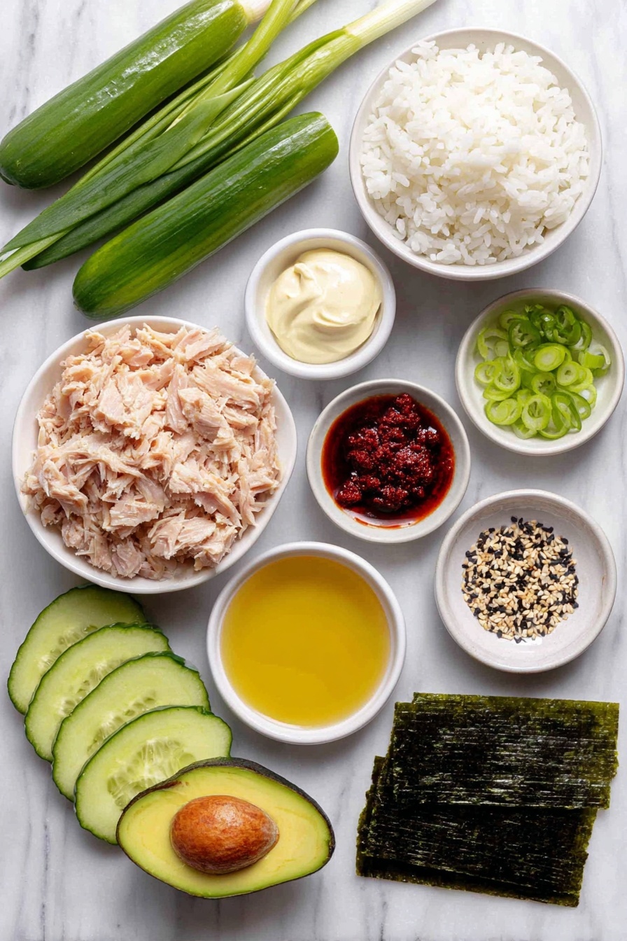 Flat lay of a small white ceramic bowl of drained flaky tuna, a small white ceramic bowl with creamy mayonnaise, a small white ceramic bowl of bright red sriracha chili sauce, a small white ceramic bowl of deep red gochugaru chili powder, a few chopped green onion pieces scattered next to a whole green onion stalk, a small white ceramic bowl with golden sesame oil, a mound of glossy short-grain sushi rice, a small white ceramic bowl of clear rice vinegar, a small white ceramic bowl with granulated sugar, three dark green nori seaweed sheets stacked neatly, a small white ceramic bowl with white sesame seeds, a small white ceramic bowl with black sesame seeds, half a cucumber sliced into long pale green sticks, and a sliced ripe avocado fanned out showing creamy light green flesh, placed on a clean white marble surface, soft natural light, photo taken with an iPhone, professional food photography style, fresh ingredients, white ceramic bowls, no bottles, no duplicates, no utensils, no packaging --ar 2:3 --v 7 --p m7354615311229779997 - Spicy Tuna Sushi Roll, sushi night ideas, homemade sushi rolls, easy sushi recipes, spicy tuna sushi