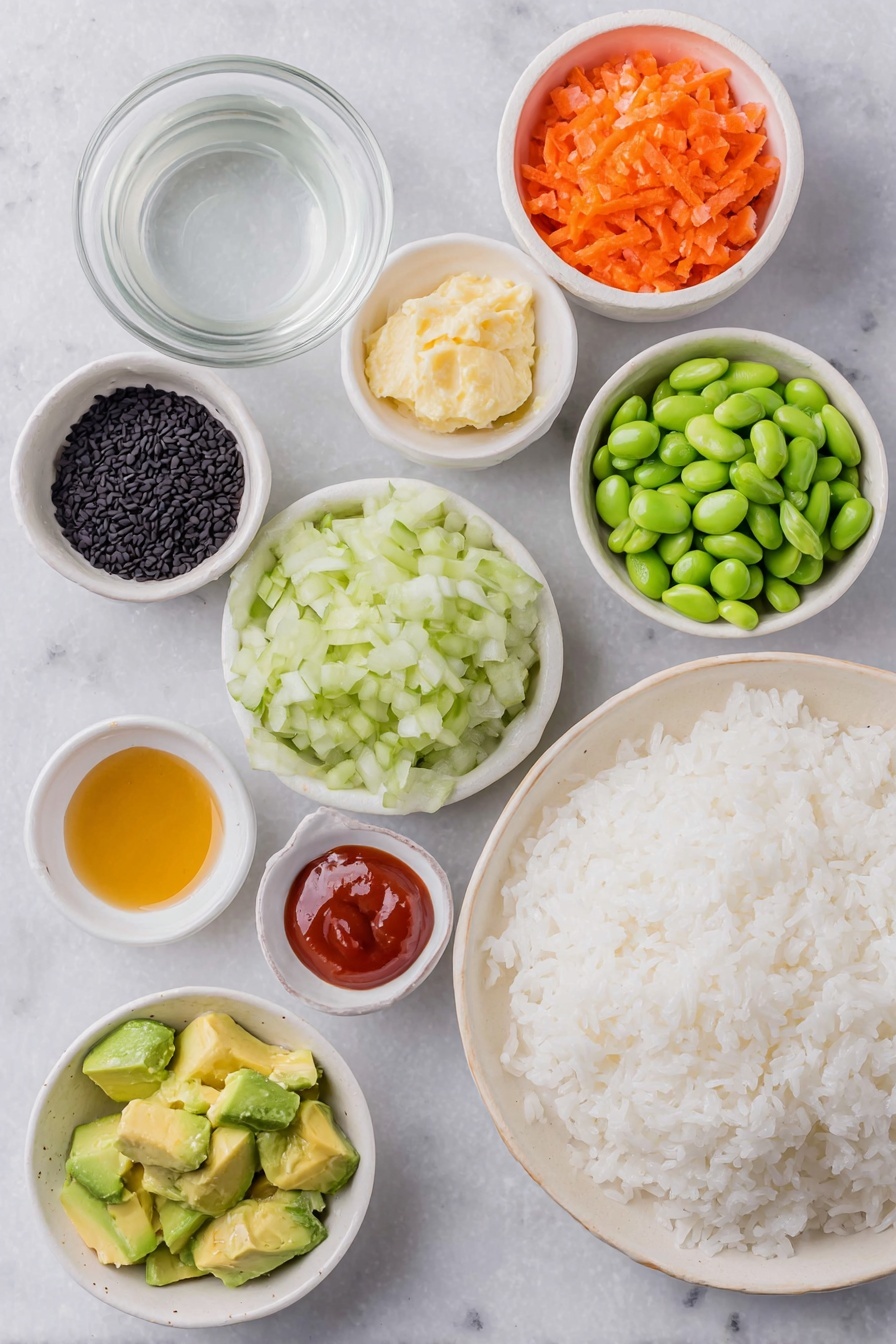 Flat lay of a small mound of glossy, cooked sushi rice on a simple white ceramic plate, a tiny white bowl filled with clear water beside it, a handful of finely chopped fresh orange carrot, green cucumber, and red bell pepper mixed together on a white ceramic dish, a small white bowl holding bright green shelled edamame, neatly diced creamy light green avocado pieces on a white plate, a small white bowl of pale creamy mayonnaise, another small white bowl with shiny reddish-orange Sriracha sauce, a tiny white bowl containing dark soy sauce, a small dish of golden honey, a little white bowl with glossy amber sesame oil, and a scattering of black sesame seeds arranged artfully on a white plate, all ingredients fresh and natural, placed on a clean white marble surface, soft natural light, photo taken with an iPhone, professional food photography style, fresh ingredients, white ceramic bowls, no bottles, no duplicates, no utensils, no packaging --ar 2:3 --v 7 --p m7354615311229779997 - Spicy Sushi Cups with Veggie Filling, sushi cups, veggie sushi bites, easy sushi recipes, flavorful sushi appetizer