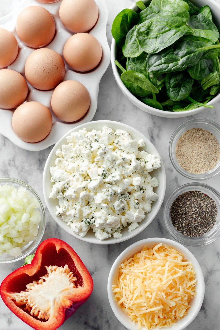 Flat lay of twelve whole uncracked brown eggs arranged in a neat cluster, a small white ceramic bowl filled with fresh full-fat cottage cheese, a large red bell pepper sliced to show diced pieces scattered beside it, a small white bowl of finely diced yellow onion, a pile of vibrant chopped spinach leaves, a small white bowl holding shredded pale yellow gruyere or gouda cheese, another small white bowl with bright orange shredded cheddar cheese, and tiny heaps of dried garlic powder, Italian seasoning, coarse kosher salt, and ground black pepper each placed separately on the white ceramic surface, all ingredients fresh and natural, perfectly spaced and symmetrical, placed on a clean white marble surface, soft natural light, photo taken with an iPhone, professional food photography style, fresh ingredients, white ceramic bowls, no bottles, no duplicates, no utensils, no packaging --ar 2:3 --v 7 --p m7354615311229779997 - High-Protein Cottage Cheese Egg Bake, healthy breakfast ideas, easy high-protein meals, veggie-packed egg casserole, meal prep breakfast