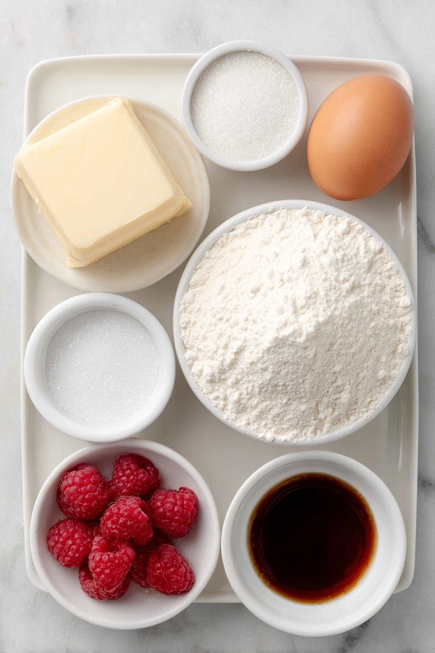 Flat lay of a small mound of all-purpose flour on a simple white ceramic plate, a small heap of fine granulated sugar in a white bowl, a single large whole egg with a clean shell, a few fresh bright red raspberries resting loosely on a white ceramic dish, a smooth square of unsalted butter softened and slightly glossy on a white plate, a small white bowl filled with a thick bright pink raspberry puree, a tiny white bowl containing clear golden vanilla extract, a pinch of baking soda and salt sprinkled neatly on a white ceramic plate, arranged symmetrically with perfect spacing, placed on a clean white marble surface, soft natural light, photo taken with an iPhone, professional food photography style, fresh ingredients, white ceramic bowls, no bottles, no duplicates, no utensils, no packaging --ar 2:3 --v 7 --p m7354615311229779997 - Raspberry Sugar Cookies, raspberry sugar cookies recipe, fruity sugar cookies, soft raspberry cookies, easy raspberry cookies recipe