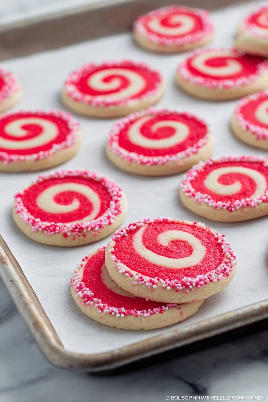 The image shows a baking tray lined with white parchment paper, covered with round, flat cookies featuring a swirl design. Each cookie has two layers: a light cream-colored base layer and a bright red spiral layer on top that starts from the center and winds outward. The edges of the cookies are slightly decorated with small pink and white sprinkles that add texture and color contrast. The tray is on a white marbled surface, enhancing the bright colors of the cookies. The photo is taken with an iphone --ar 2:3 --v 7 - Valentine's Day Swirl Cookies, Valentine’s Day Cookies, Swirl Cookie Recipe, Festive Valentine's Cookies, Easy Valentine’s Day Treats