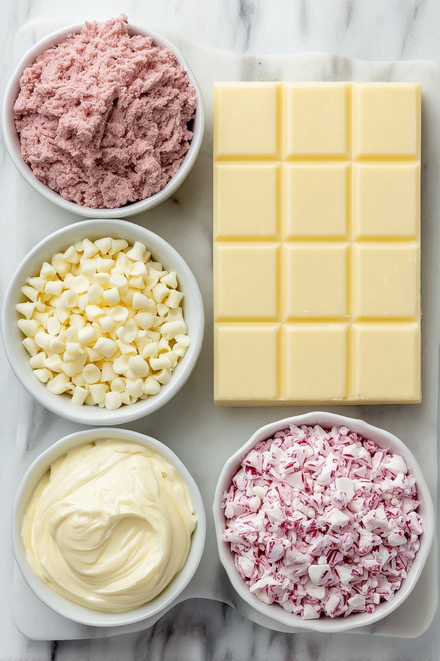 Flat lay of a small mound of vibrant pink strawberry cake mix, a block of smooth cream cheese with a slight sheen, a small white bowl filled with roughly chopped cream cheese chips, a small white bowl holding creamy vanilla melting wafers, two separate small white bowls each containing bright pink and pale pink candy melts, all arranged symmetrically on a clean white ceramic surface, placed on a clean white marble surface, soft natural light, photo taken with an iPhone, professional food photography style, fresh ingredients, white ceramic bowls, no bottles, no duplicates, no utensils, no packaging --ar 2:3 --v 7 --p m7354615311229779997 - Strawberry Cake Truffles, strawberry dessert ideas, quick strawberry treats, no-bake strawberry snacks, easy romance cakes