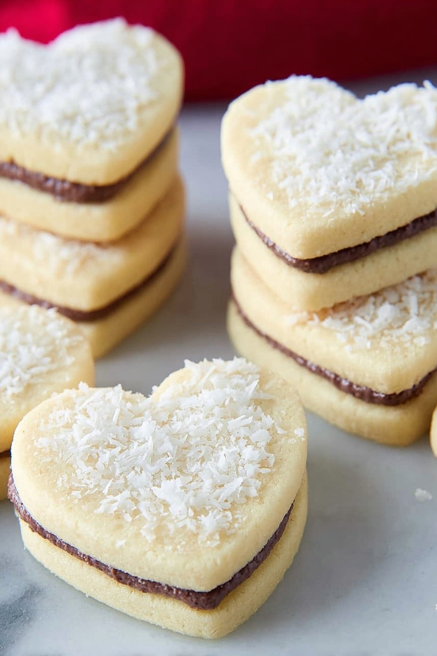 A stack of heart-shaped cookies is shown on a white marbled surface. Each cookie has two light yellow layers with a smooth texture, and between them is a thin layer of chocolate covered in white shredded coconut. Several more cookies are scattered in the background, and a red cloth is draped softly out of focus. The cookies look soft and slightly crumbly, with a simple but inviting appearance. Photo taken with an iphone --ar 2:3 --v 7 - Chocolate Heart Sandwich Cookies, Heart-Shaped Alfajores with Dulce de Leche, Easy Chocolate Sandwich Cookies, Soft Cookies with Coconut Coating, Homemade Valentines Cookies