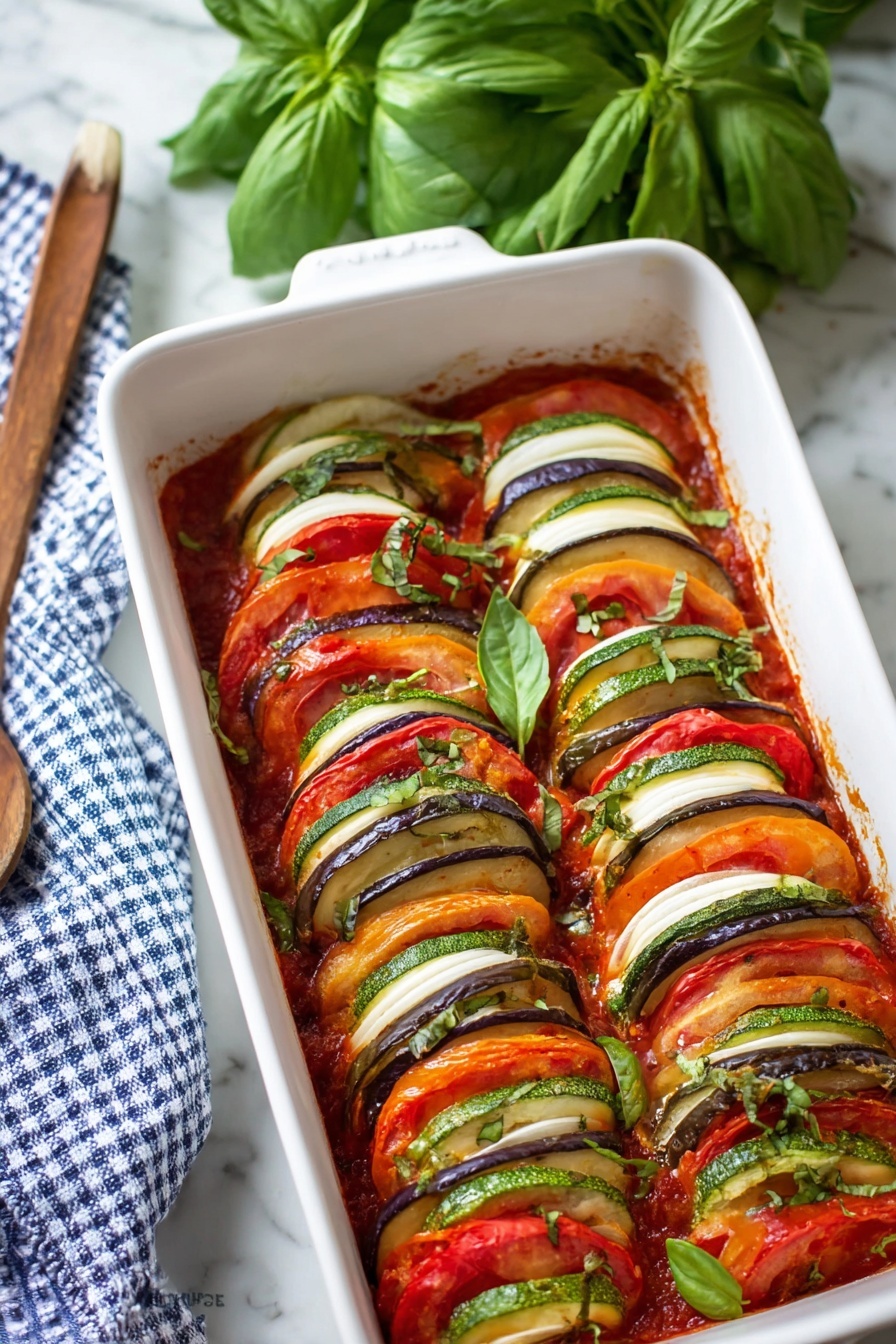 The dish is a white rectangular baking dish filled with thin slices of vegetables arranged in even rows. The vegetables are layered alternately in the order of deep purple eggplant, green zucchini, red tomato, and white onion, creating a colorful pattern. The vegetables sit in a rich, thick red sauce that fills the bottom of the dish and some sauce is also seen on the sides of the dish. Fresh green basil leaves are sprinkled on top and arranged as whole leaves on one side for decoration. The dish is placed on a white marbled surface. Photo taken with an iphone --ar 2:3 --v 7 - Baked Ratatouille with Fresh Vegetables, healthy vegetable casserole, easy vegetarian dish, summer vegetable recipe, comforting baked ratatouille