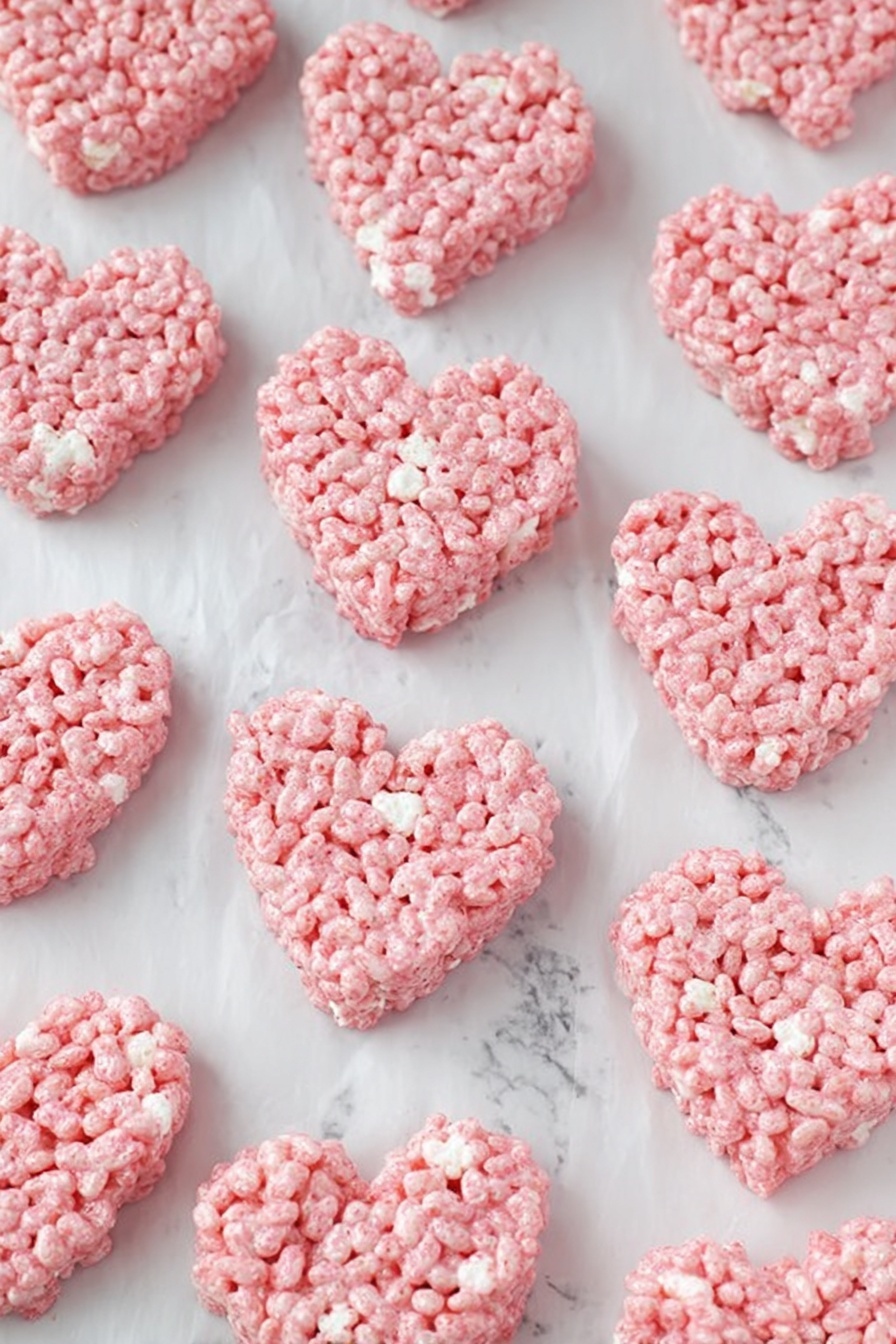 The image shows many heart-shaped treats made of pink rice cereal and white marshmallow, placed neatly on white parchment paper over a surface with a white marbled texture. Each heart has a bumpy texture from the rice cereal, with a mix of pink and some white patches where the marshmallow is more visible. The hearts are evenly spaced in rows, filling the frame fully, and the bright pink color stands out against the light background. Photo taken with an iphone --ar 2:3 --v 7 - Strawberry Rice Krispie Treat Hearts, fruity Rice Krispie treats, Valentines dessert recipes, easy festive treats, no-bake strawberry treats