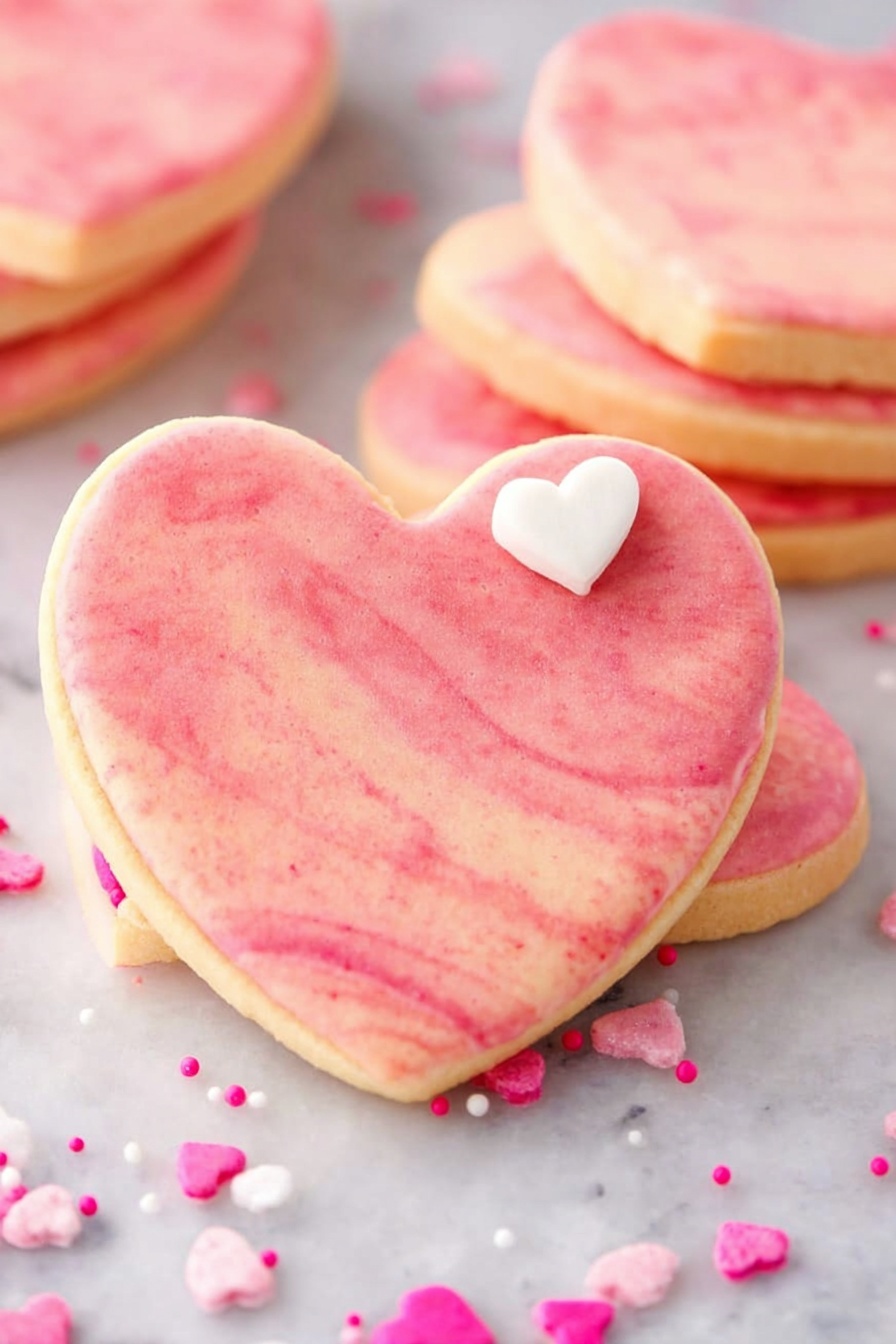 The image shows several heart-shaped cookies with a smooth, pale pink coating that has subtle darker pink speckles all over. The cookies are stacked and also scattered on a white marbled surface. The texture of the coating looks soft and matte with a slight sheen, giving the cookies a delicate appearance. Some round cookies with the same pink color are visible in the foreground, one of which has a small pink heart-shaped decoration on top. The background is bright and softly blurred, emphasizing the cookies in the front. photo taken with an iphone --ar 2:3 --v 7 - Pink White Chocolate Fudge, pink white chocolate fudge recipe, easy white chocolate fudge, homemade pink fudge, festive sweet treats