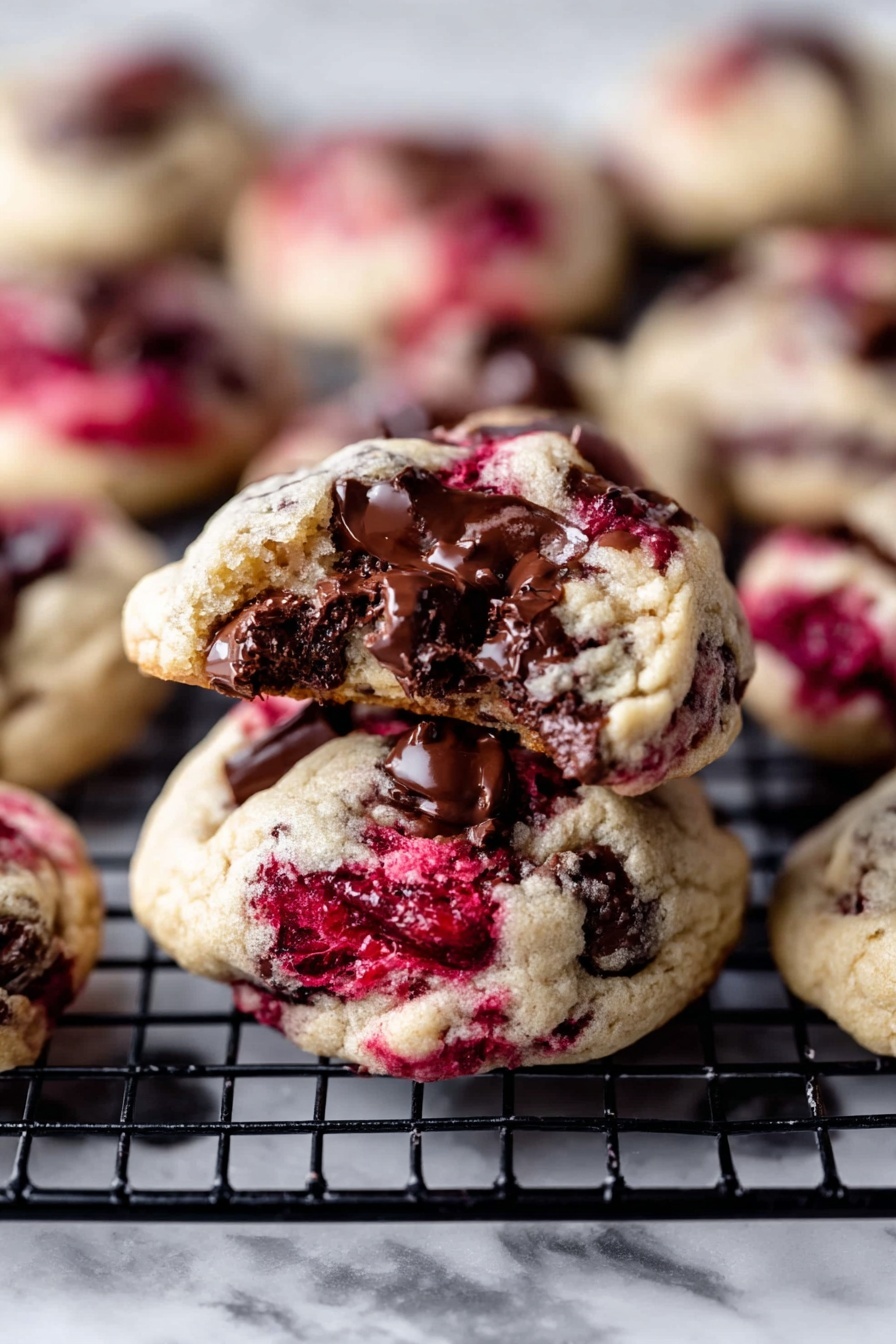 The image shows a close-up of soft, round cookies stacked with one on top that is broken open to reveal melted dark chocolate inside. The cookies have creamy beige dough with swirls of bright red berries throughout and chunks of shiny dark brown chocolate embedded on the surface. They rest on a black wire cooling rack with more cookies scattered in the blurry background. The scene is set on a white marbled surface, making the vibrant colors of the cookies stand out vividly. photo taken with an iphone --ar 2:3 --v 7 - Raspberry Chocolate Chunk Cookies, raspberry cookies with chocolate, easy raspberry chocolate cookies, chewy raspberry chocolate cookies, homemade raspberry chocolate cookies