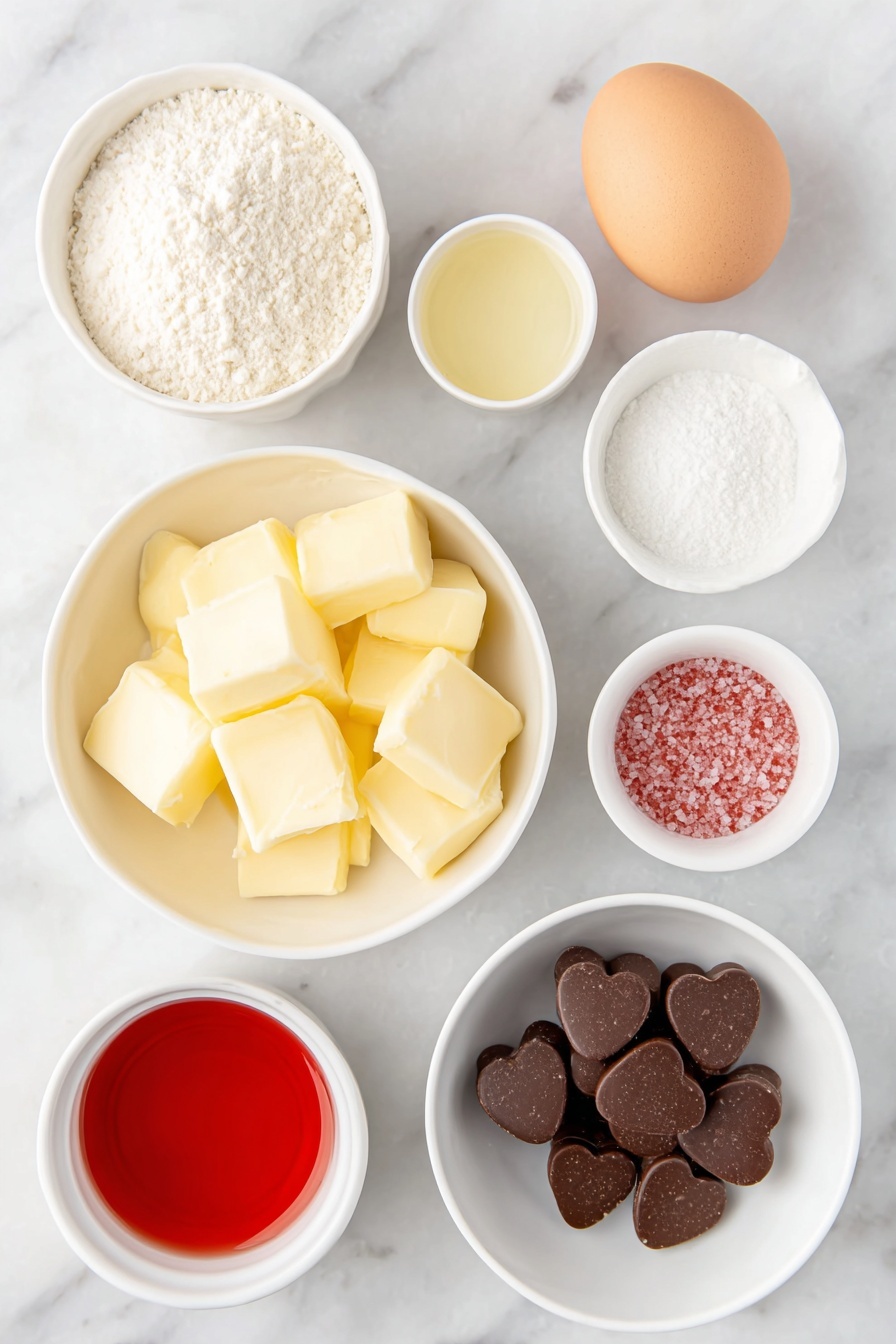 Flat lay of a few smooth butter curls at room temperature, a small white ceramic bowl filled with fine granulated sugar, one large whole egg with a clean shell, a small white bowl holding creamy milk, a small white bowl with vibrant red liquid food coloring, a small white bowl with pale golden vanilla extract, a simple white ceramic bowl of all-purpose flour, a small white bowl with rich dark cocoa powder, a small white bowl containing fine baking soda, a small white bowl with coarse kosher salt, a small white bowl filled with bright red sparkling sugar, and a neat cluster of small heart-shaped milk chocolates with glossy finish, all arranged in perfect symmetry on a clean white marble surface, soft natural light, photo taken with an iPhone, professional food photography style, fresh ingredients, white ceramic bowls, no bottles, no duplicates, no utensils, no packaging --ar 2:3 --v 7 --p m7354615311229779997 - Red Velvet Chocolate Blossom Cookies, Valentine’s Day cookies, chocolate-filled cookies, soft red velvet cookies, easy cookie recipes