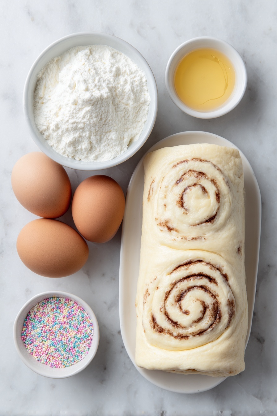 Flat lay of a small mound of pale beige raw cinnamon roll dough, soft and slightly floured, a few colorful round sprinkles scattered beside it, a small white ceramic bowl filled with smooth white icing, placed on a clean white marble surface, soft natural light, photo taken with an iPhone, professional food photography style, fresh ingredients, white ceramic bowls, no bottles, no duplicates, no utensils, no packaging --ar 2:3 --v 7 --p m7354615311229779997 - Heart-Shaped Cinnamon Rolls, Cinnamon Rolls Recipe, Cute Breakfast Ideas, Easy Sweet Breakfast, Holiday Cinnamon Roll Ideas