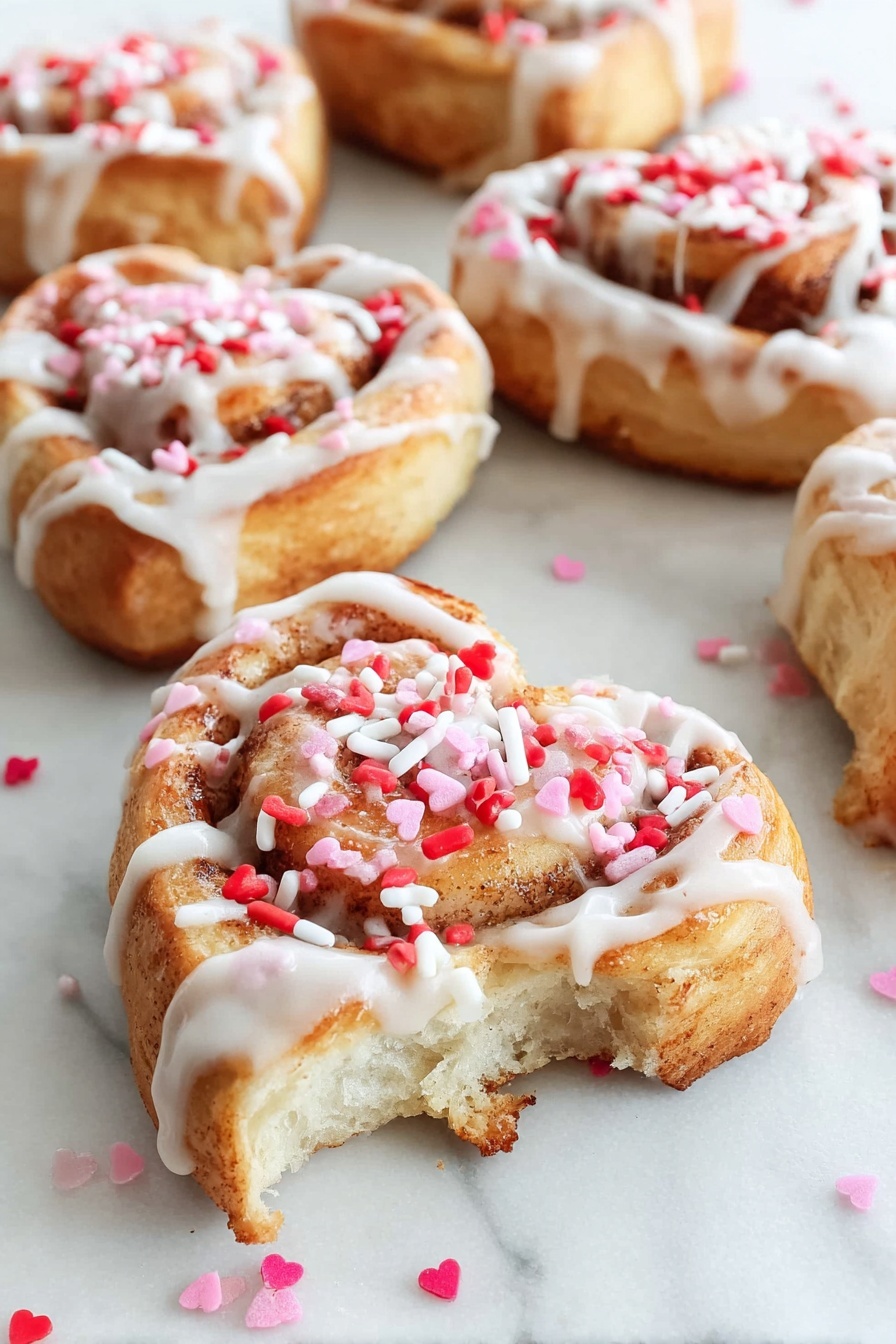 A heart-shaped cookie with a golden-brown base is decorated with white icing drizzled across its top in thin, uneven lines. The cookie is sprinkled generously with red, pink, and white sprinkles, which include small hearts, rods, and dots scattered both on the cookie and around it on a white marbled surface. The texture of the cookie looks soft with slight ridges, and the overall scene is bright and clean. Photo taken with an iphone --ar 2:3 --v 7 - Heart-Shaped Cinnamon Rolls, Cinnamon Rolls Recipe, Cute Breakfast Ideas, Easy Sweet Breakfast, Holiday Cinnamon Roll Ideas
