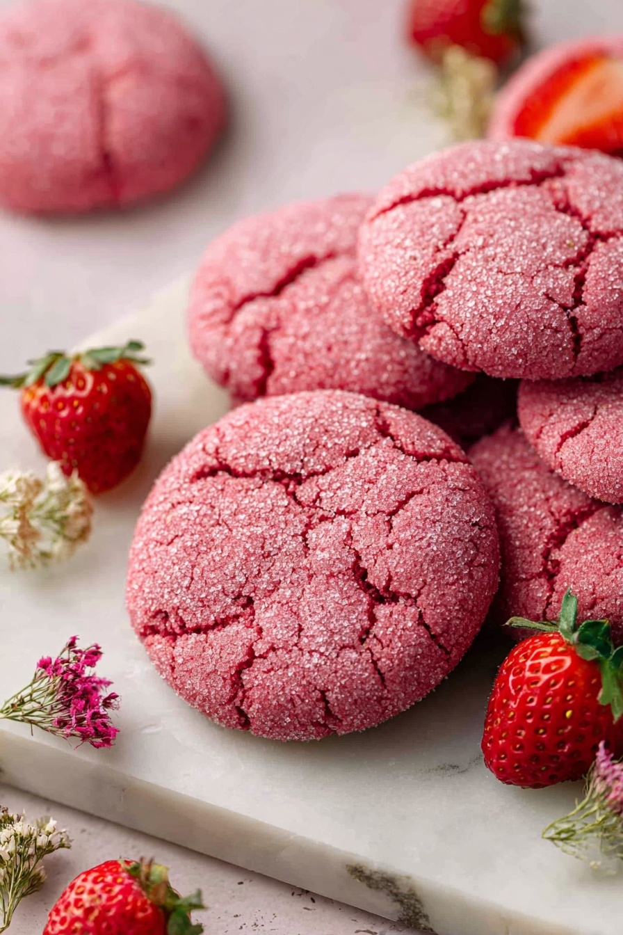 The image shows several soft, round pink cookies with a sugar-coated crackled surface. One cookie in the center has a bite taken out, revealing a slightly darker pink inside with a soft texture. Bright red strawberries with green tops are scattered around the cookies, placed on white parchment paper over a white marbled surface. The colors focus on shades of pink and red with a sparkling sugar texture on the cookies. photo taken with an iphone --ar 2:3 --v 7 - Vegan Strawberry Sugar Cookies, vegan strawberry cookies, plant-based strawberry cookies, healthy strawberry sugar cookies, pink strawberry cookies