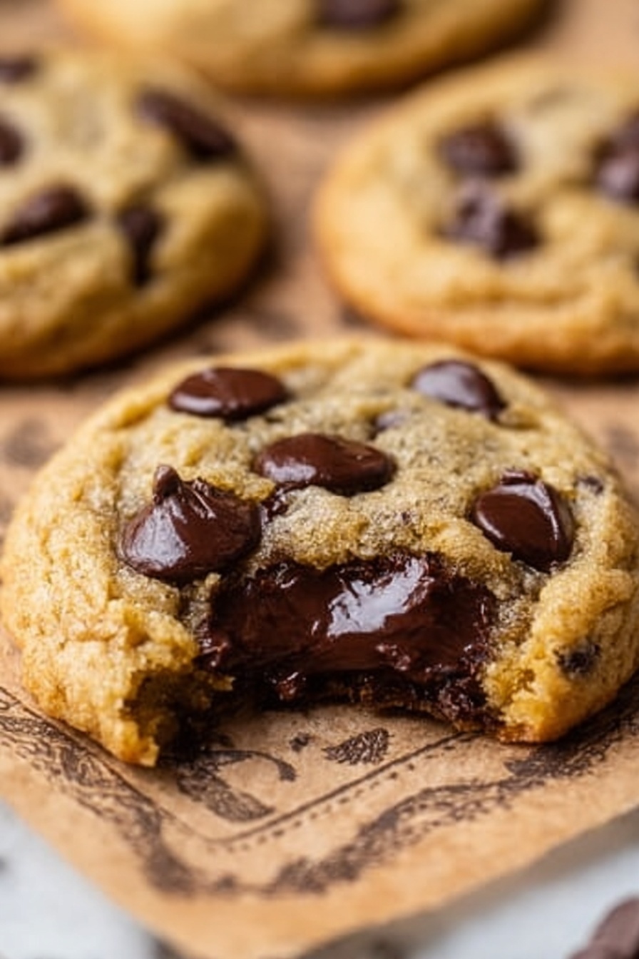 A batch of about fifteen round chocolate chip cookies is shown, all golden brown with visible dark chocolate chips scattered on top. They are laid out on a gold wire cooling rack that sits on a sheet of brown parchment paper with printed text. To the top right, more cookies are stacked in a white bowl, and a few loose cookies sit on small wooden trays and around the rack. There is a white bowl filled with dark chocolate chips placed at the upper left. The whole scene rests on a white marbled surface. photo taken with an iphone --ar 2:3 --v 7 - Brown Butter Sourdough Discard Chocolate Chip Cookies, sourdough discard cookies, chocolate chip cookie recipe, brown butter cookies, sourdough baking recipes