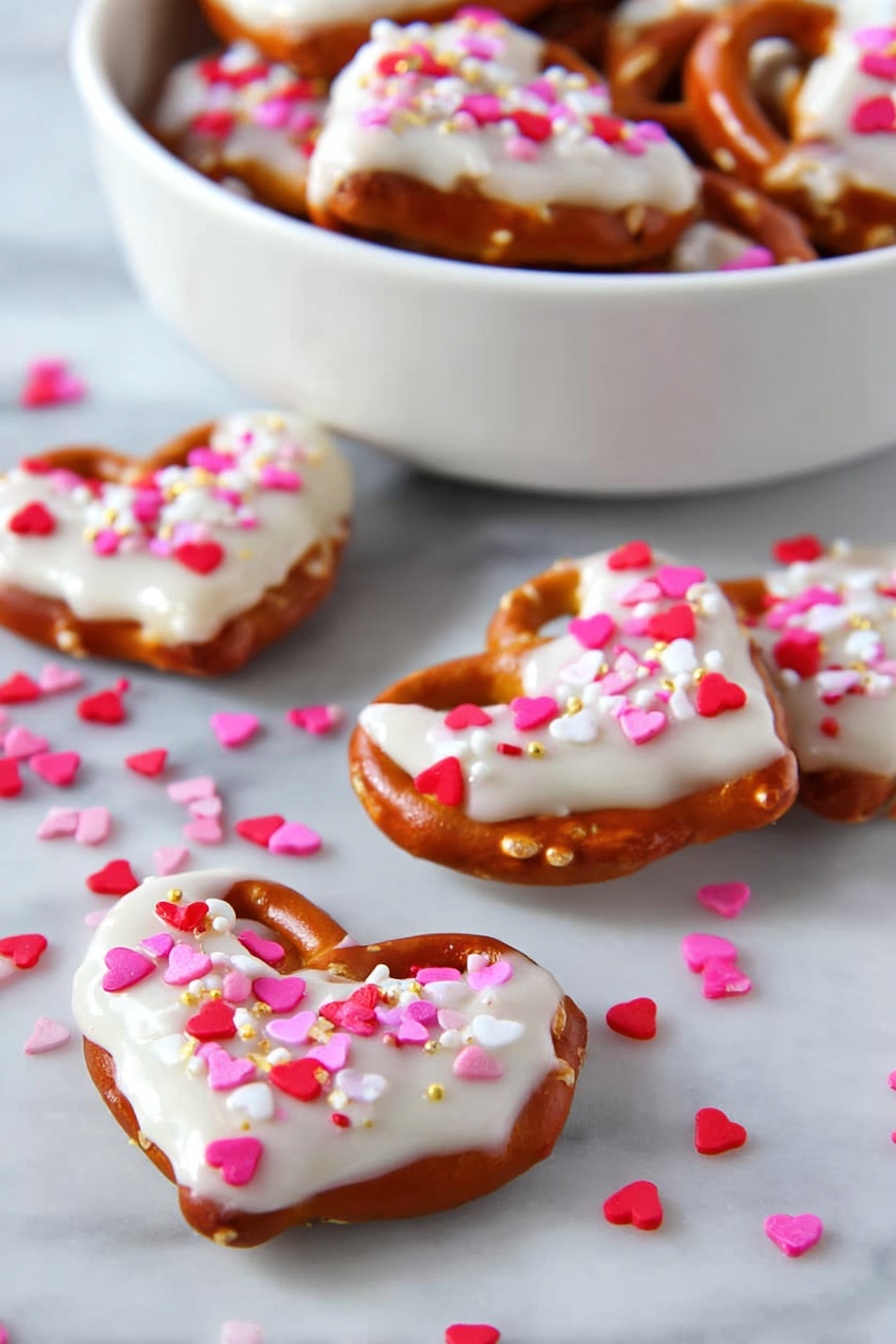 Heart-shaped pretzel snacks are shown, each with a shiny brown base layer and a white layer of smooth frosting covering most of the top surface. Small red, pink, and white heart-shaped sprinkles are scattered over the white frosting on each pretzel, with some sprinkles falling onto the white marbled surface below. In the background, there is a white bowl filled with more of these decorated pretzels. Photo taken with an iphone --ar 2:3 --v 7 - White Chocolate Pretzel Hearts, easy pretzel chocolate treats, salty sweet Valentine snacks, no-bake pretzel candies, festive chocolate pretzels
